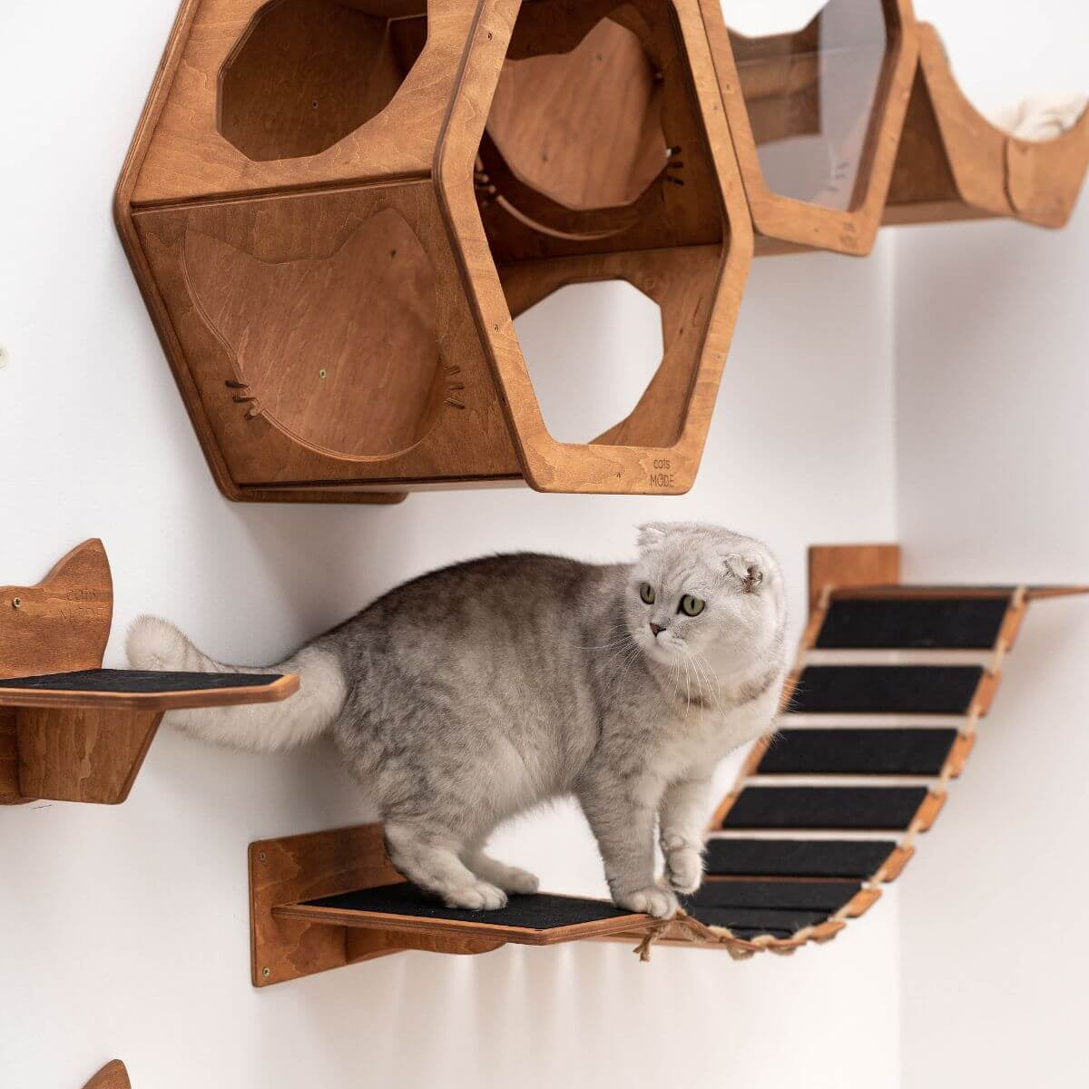 cat wall rope bridge in oak color made from wood