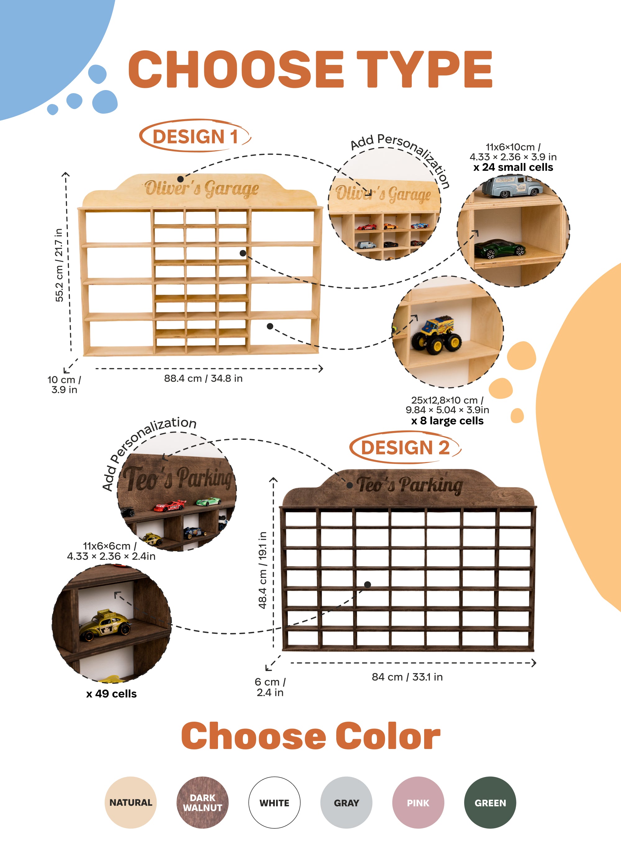 Wooden toy car display shelf with 'Oliver's Garage' on a white wall