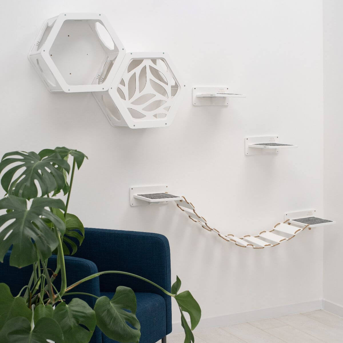 cat climbing wall shelves in white color with cat steps and cat wall bridge