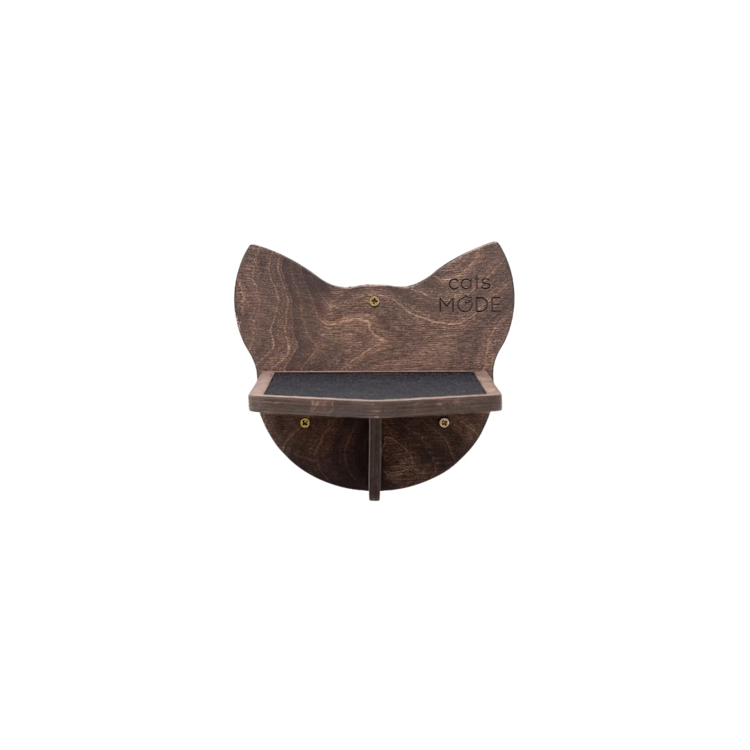 Wooden cat-shaped shelf with 'Cats Meow' branding on a white background