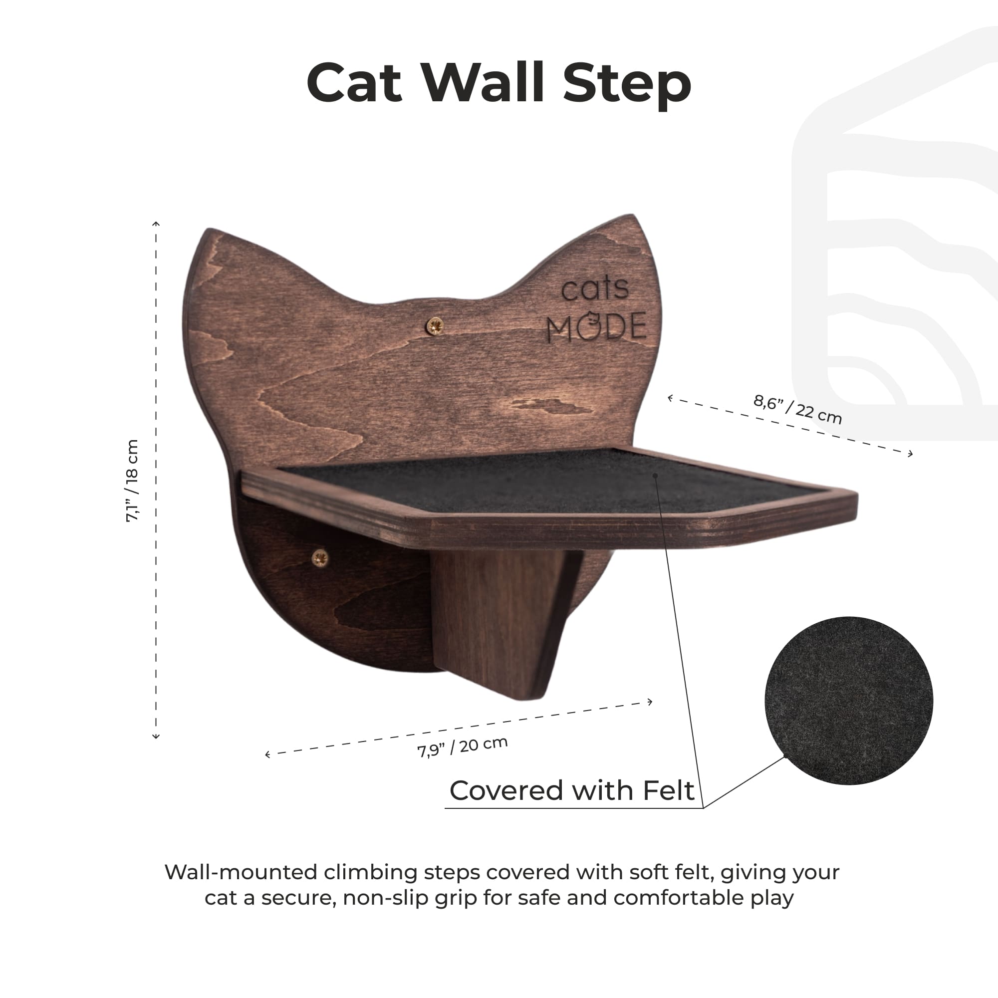 Wooden cat wall step with dimensions and product name on a white background