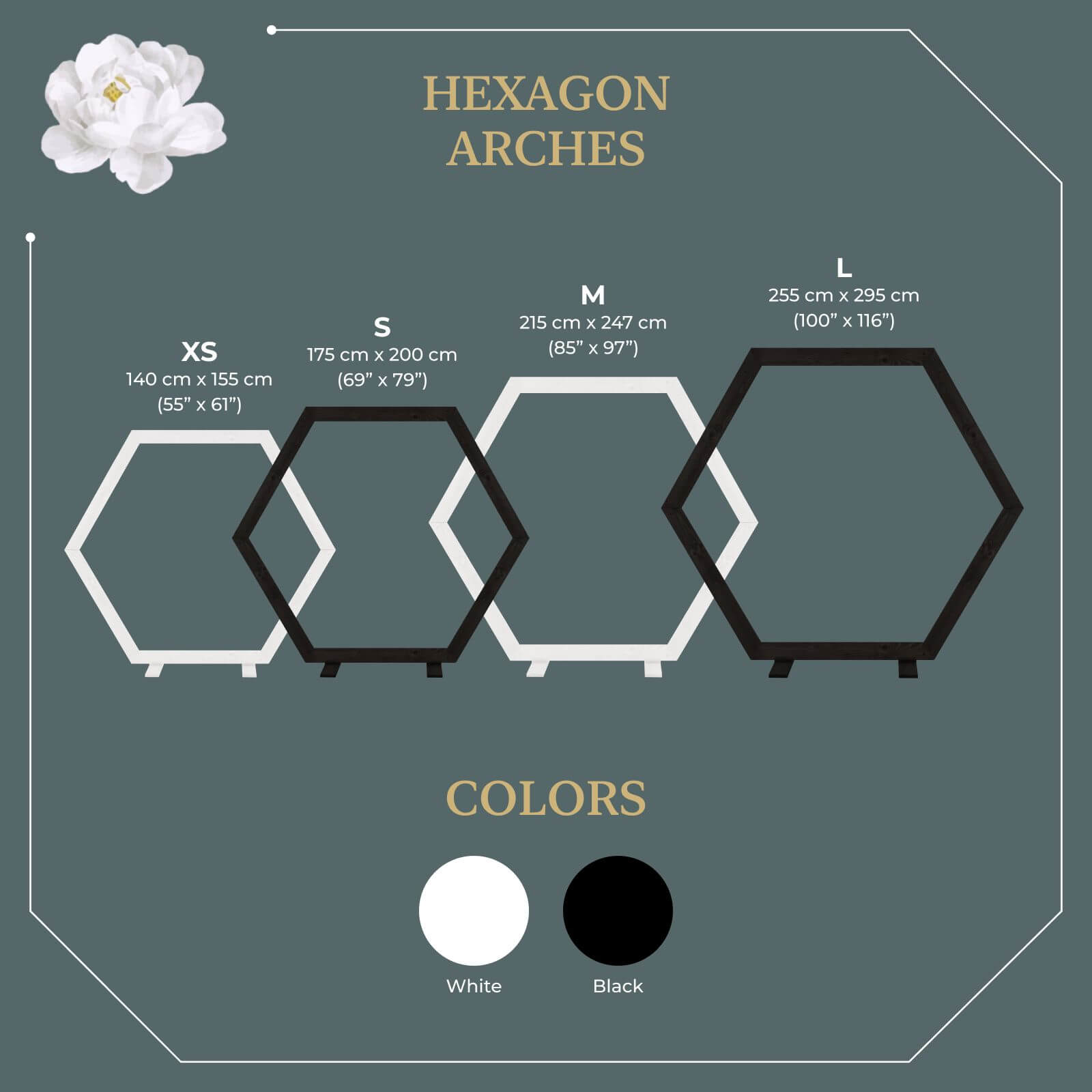 Black and white hexagon arches display with size options