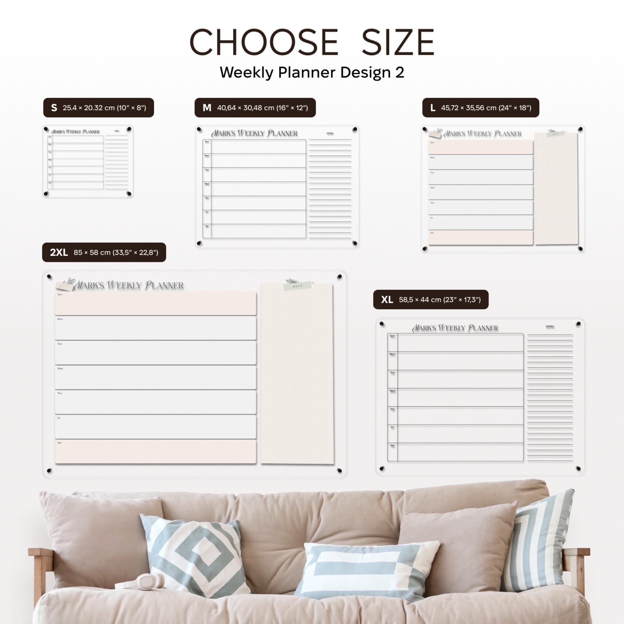Weekly planner designs displayed above a sofa with decorative pillows.