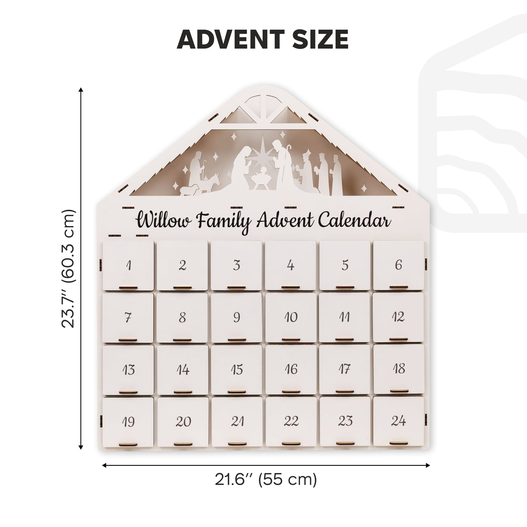 Willow Family Advent Calendar with dimensions on a white background