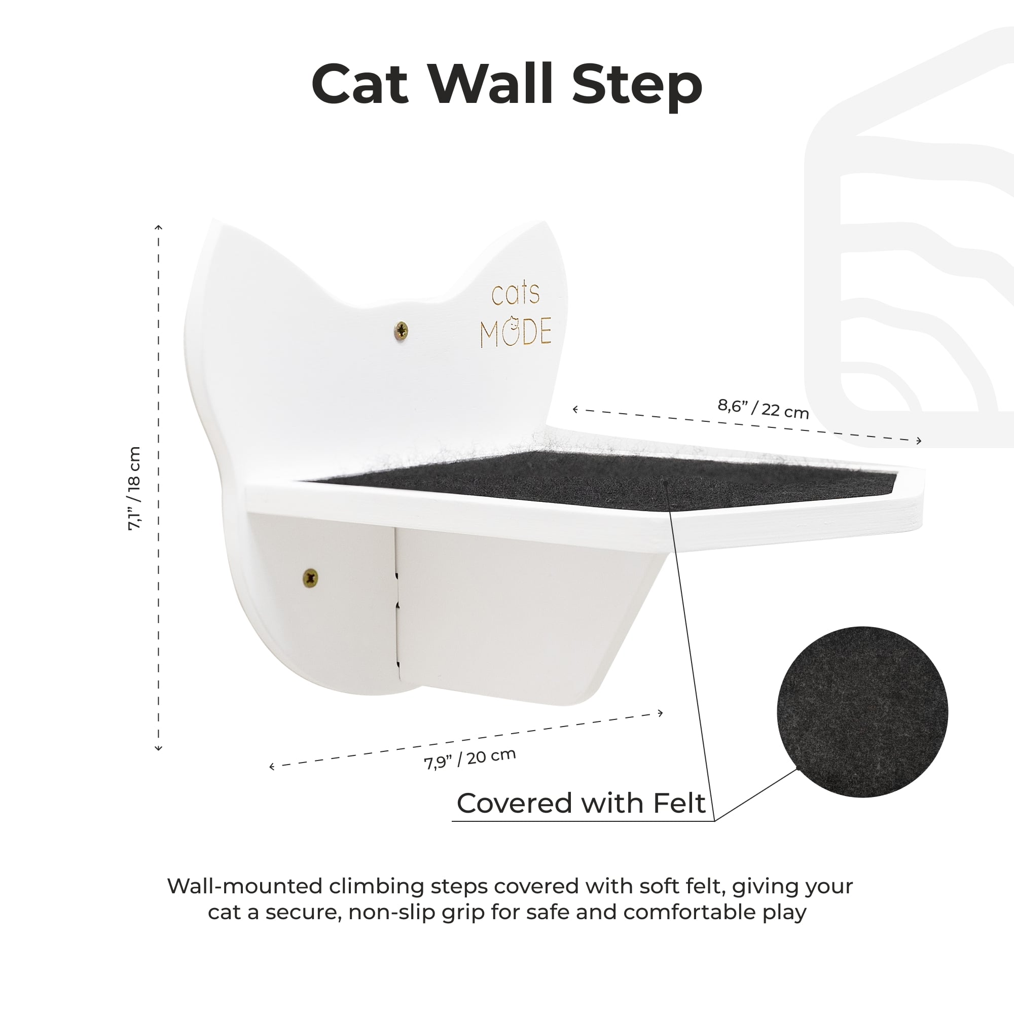 Cat wall step with dimensions and material details on a white background