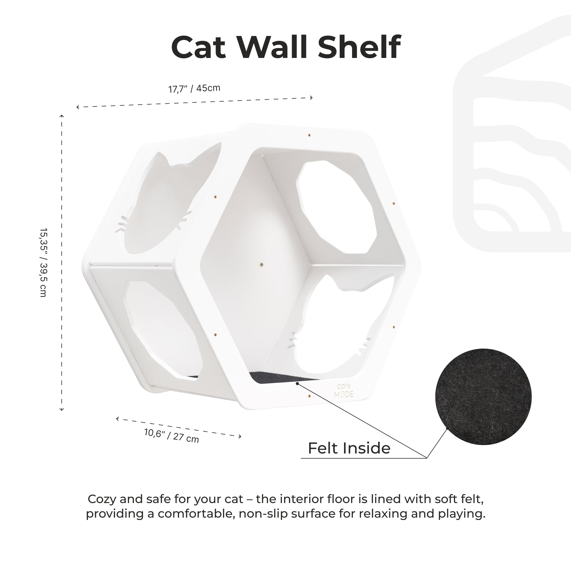 White cat wall shelf with dimensions and felt interior information on a white background