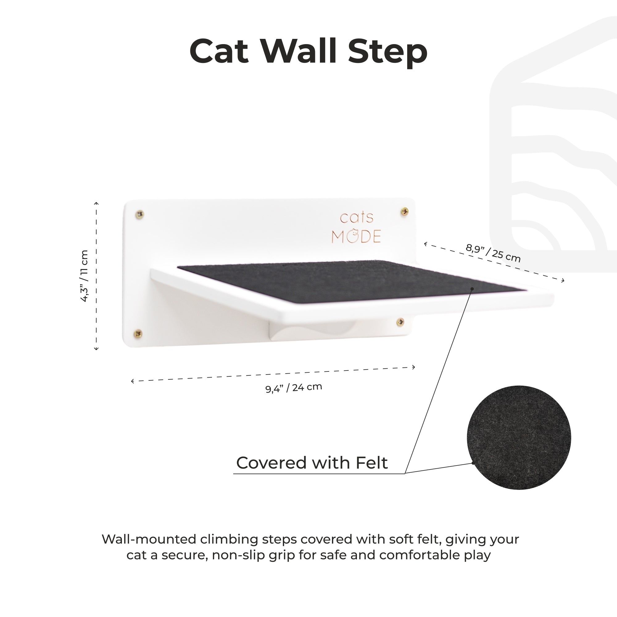 Cat wall step with dimensions and material details on a white background