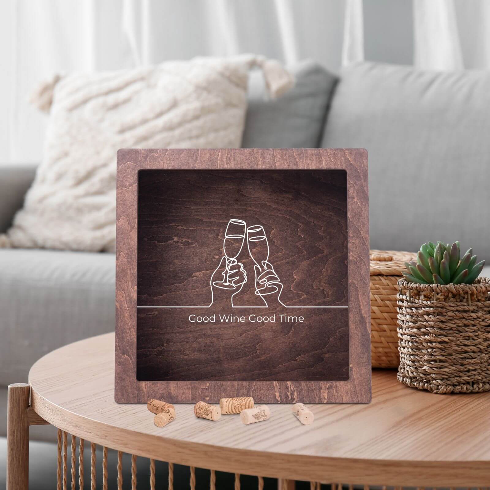 Wooden cork shadow box with engraved design “Good Wine Good Time.”