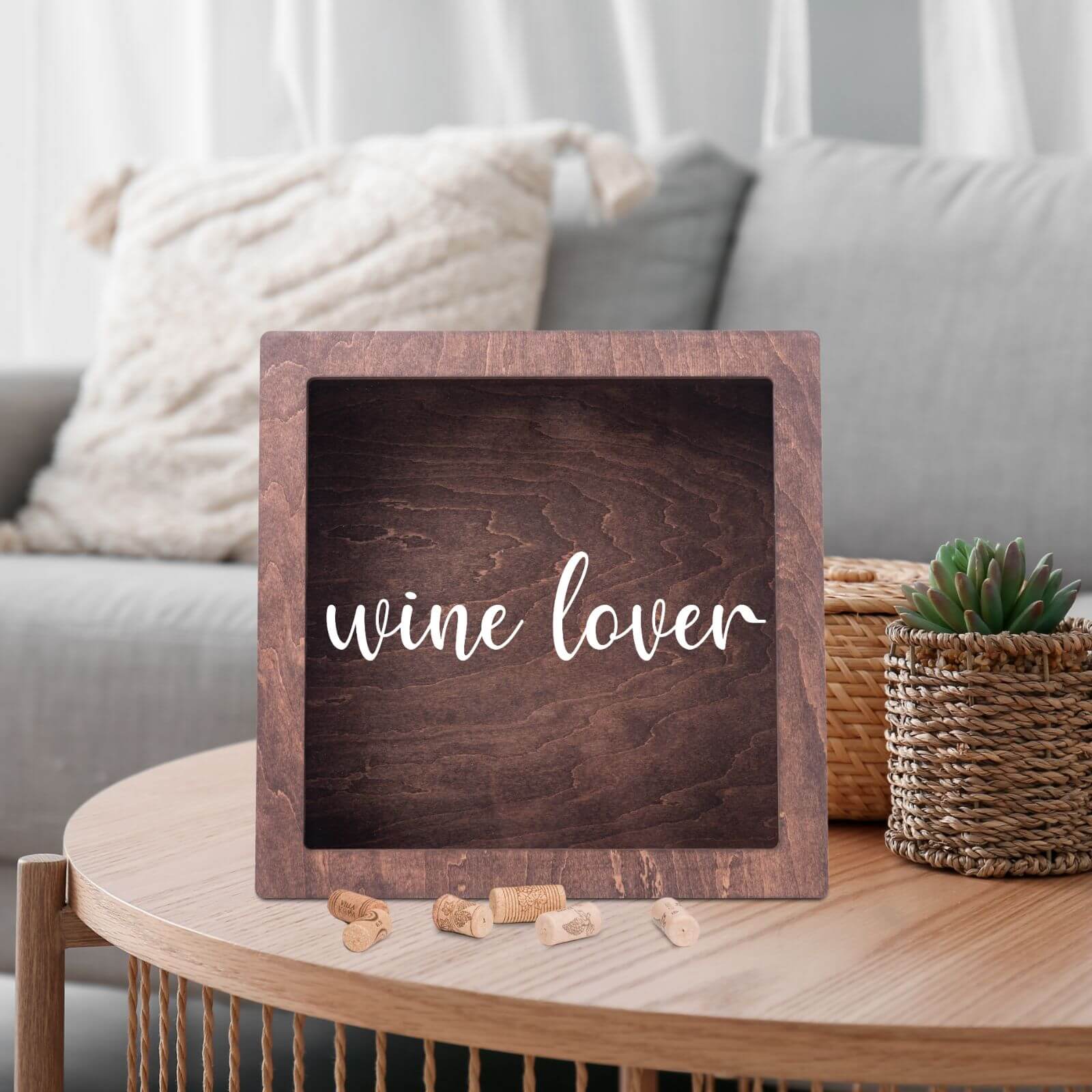Rustic wooden shadow box with 'wine lover' inscription, decorative cork holder for wine enthusiasts