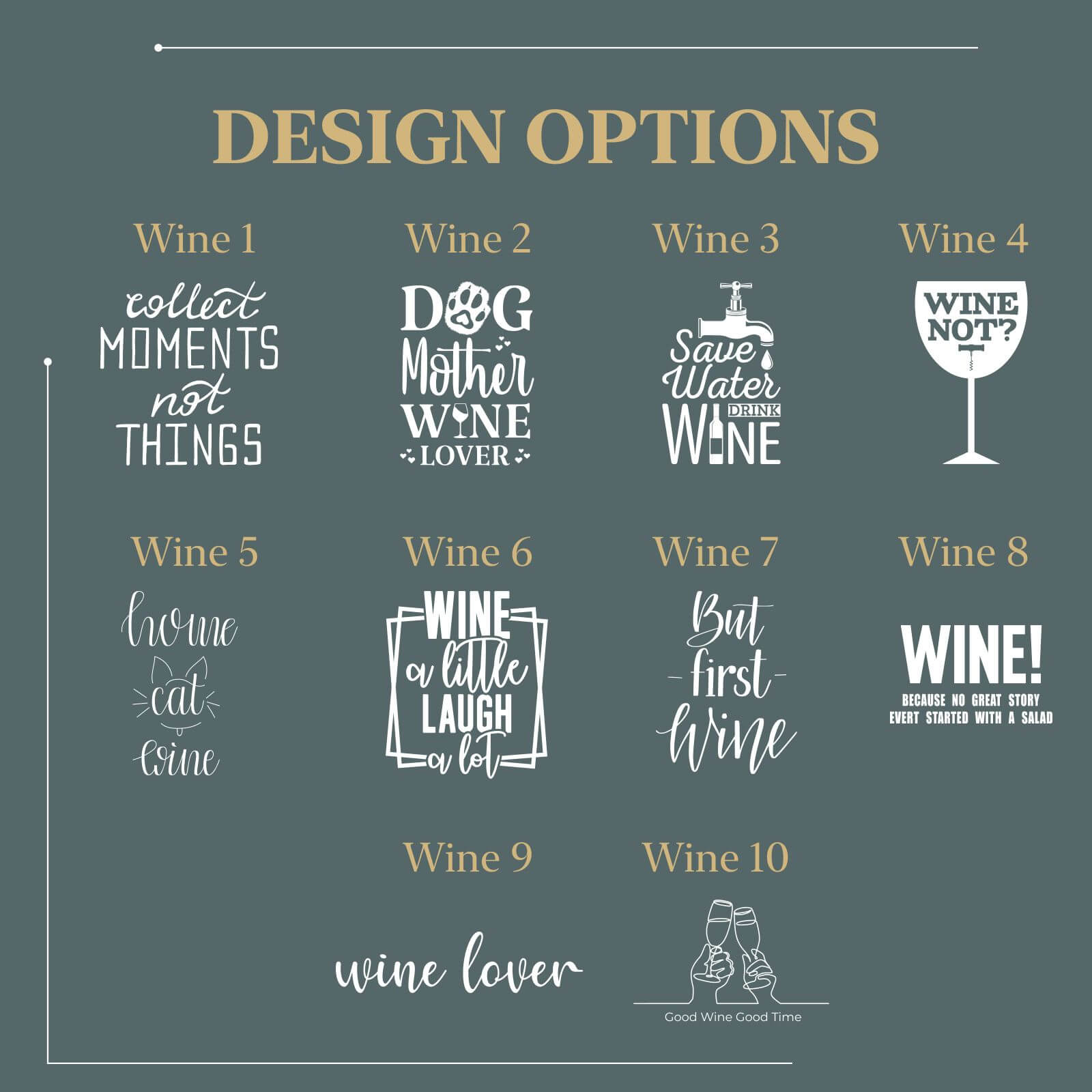Wine-themed design options for engraved shadow boxes with quotes and graphics.