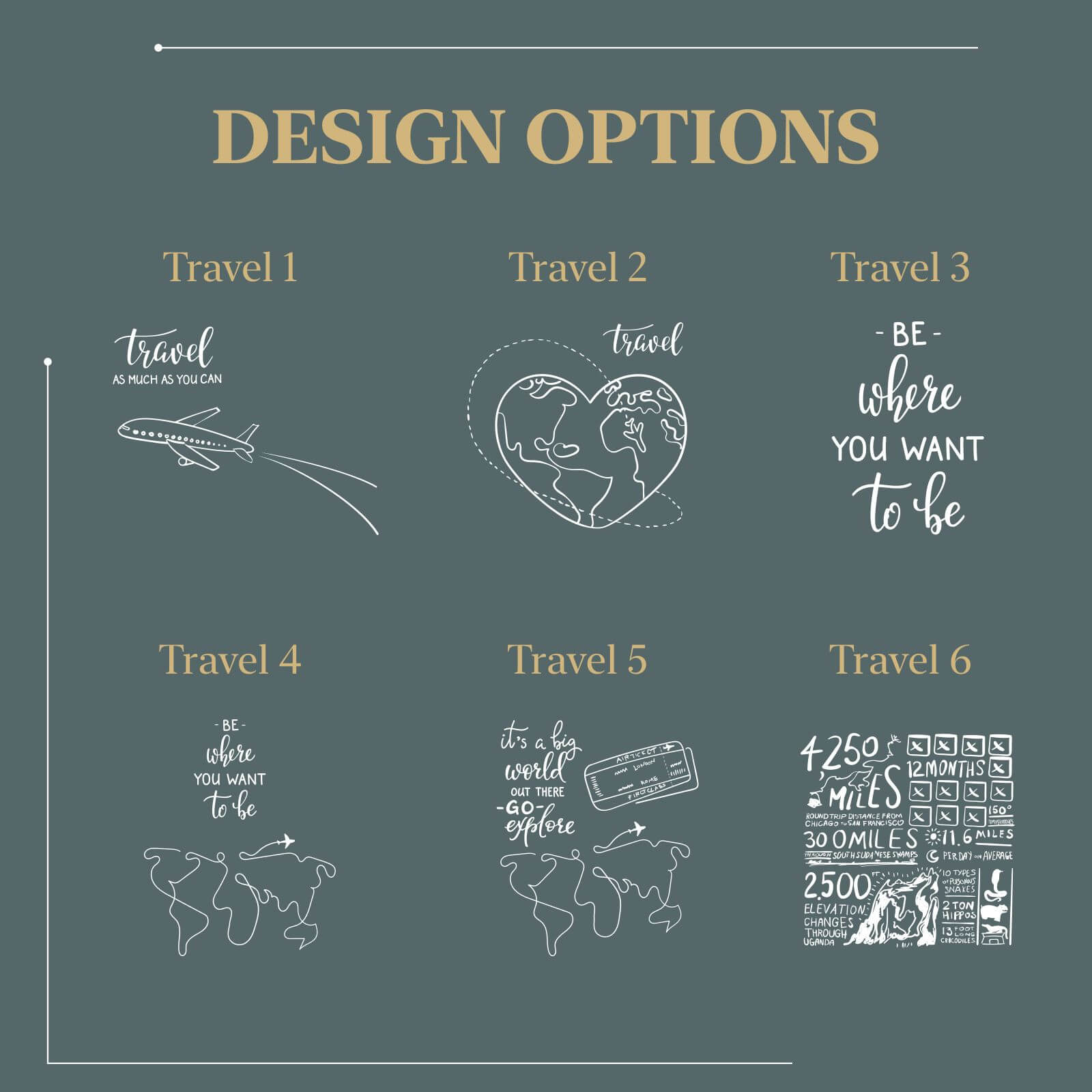 Travel-themed engraving design options for shadow boxes.