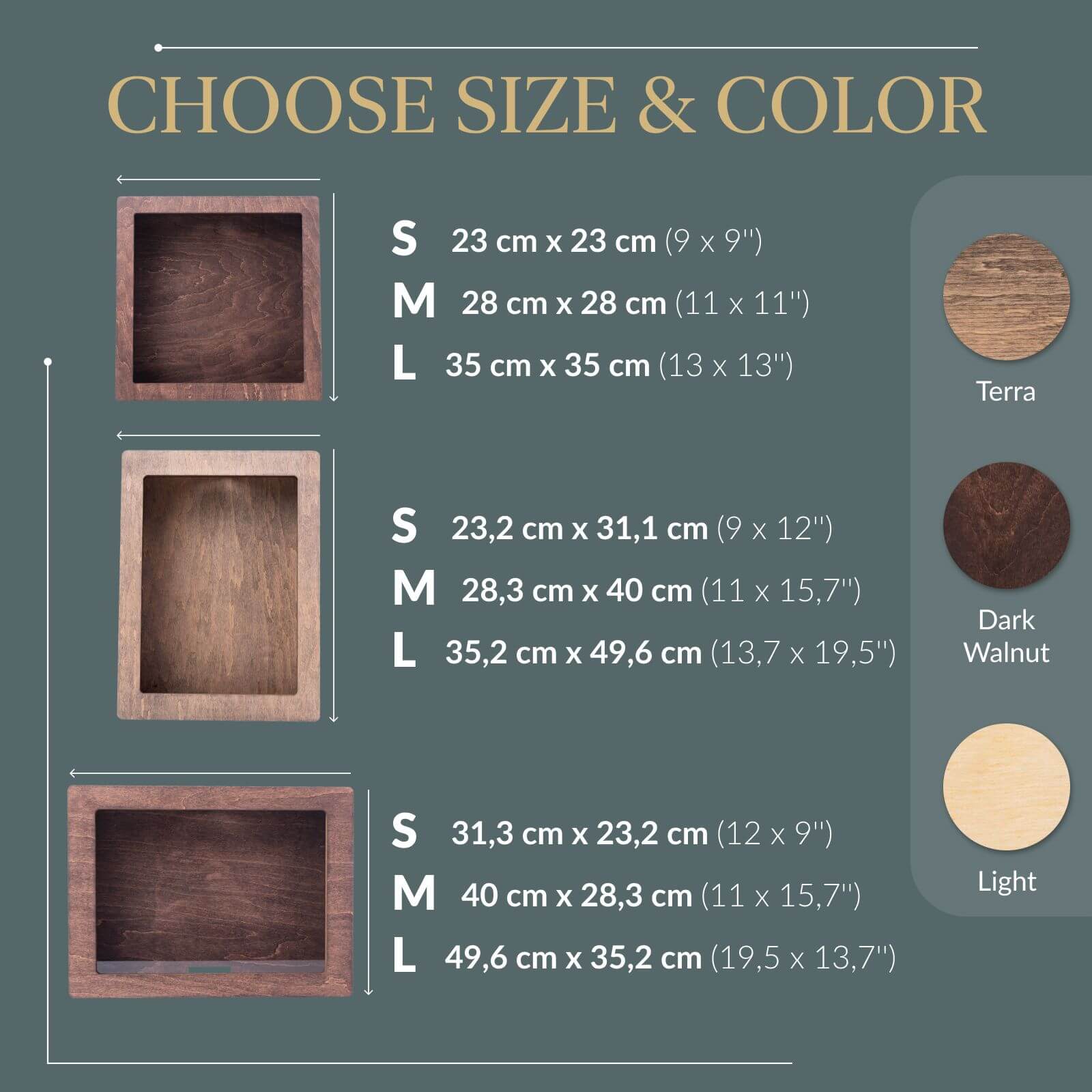Wooden shadow box size and color chart in Terra, Dark Walnut, and Light finishes.
