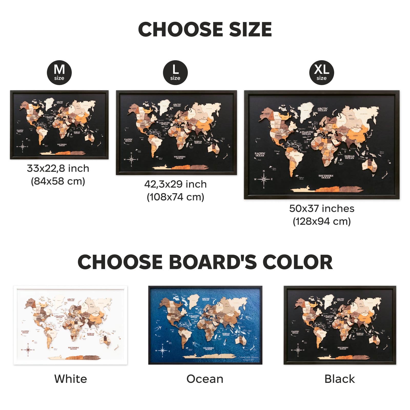 World map board with size and color options displayed.