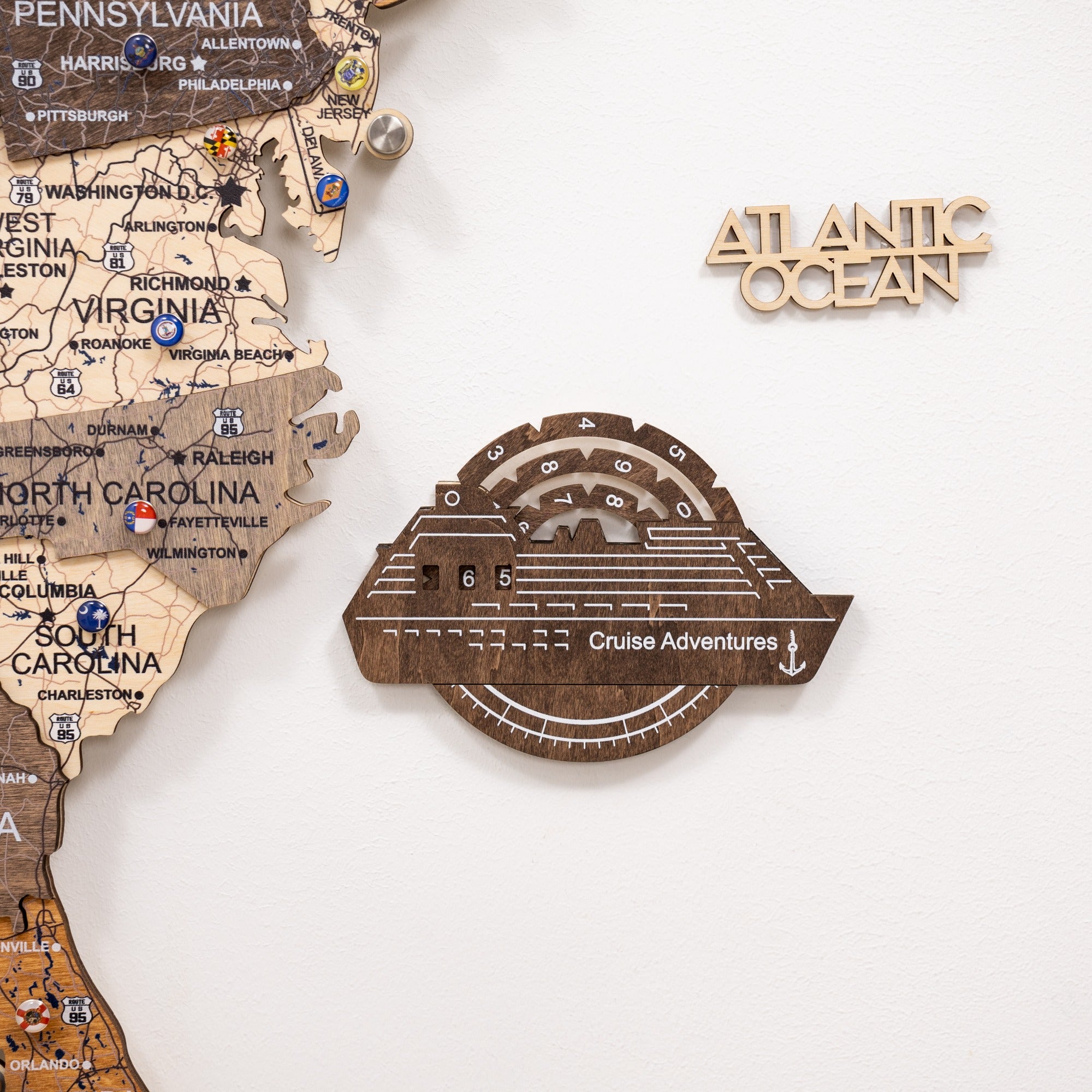 Travel Tracker Cruise Liner 3D Colored Wooden World Map - Dark Walnut