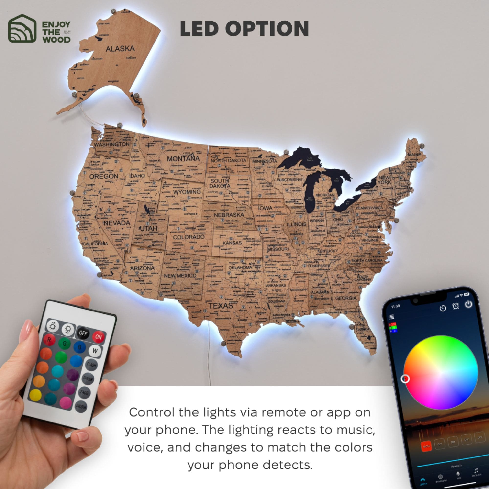 Wooden 3d LED Map of USA - Gold app