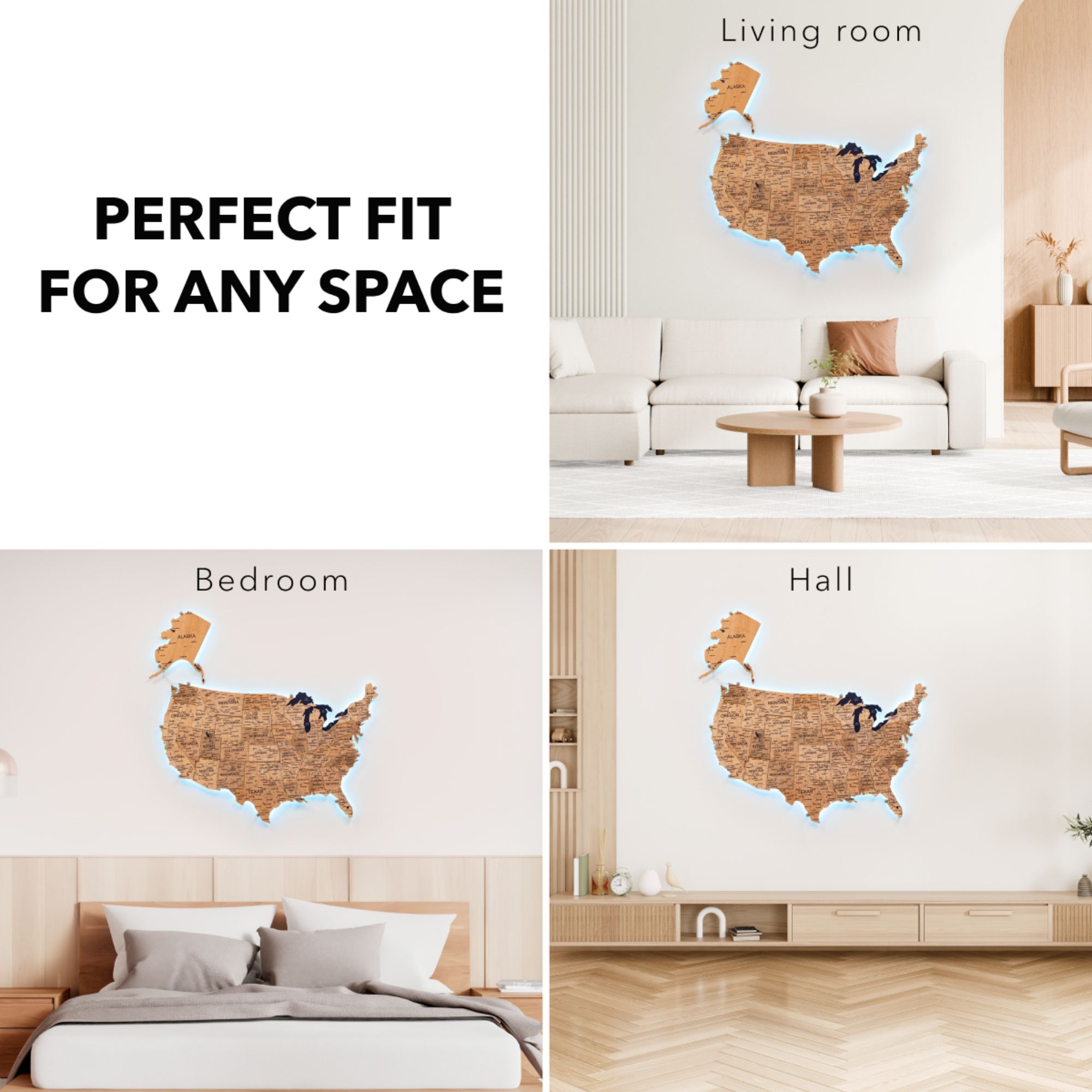 Wooden 3d LED Map of USA - Gold fit