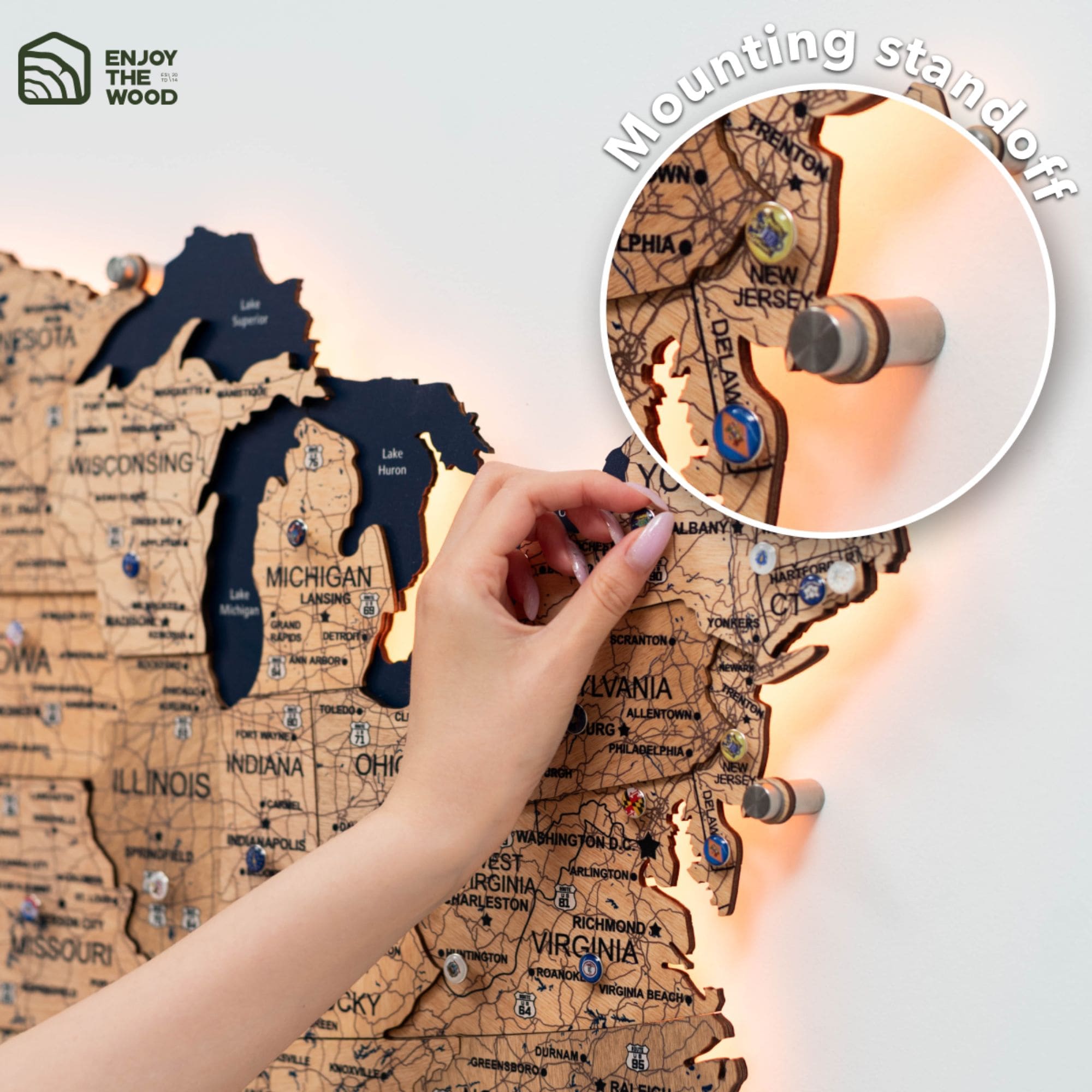 Wooden 3d LED Map of USA - Gold mount
