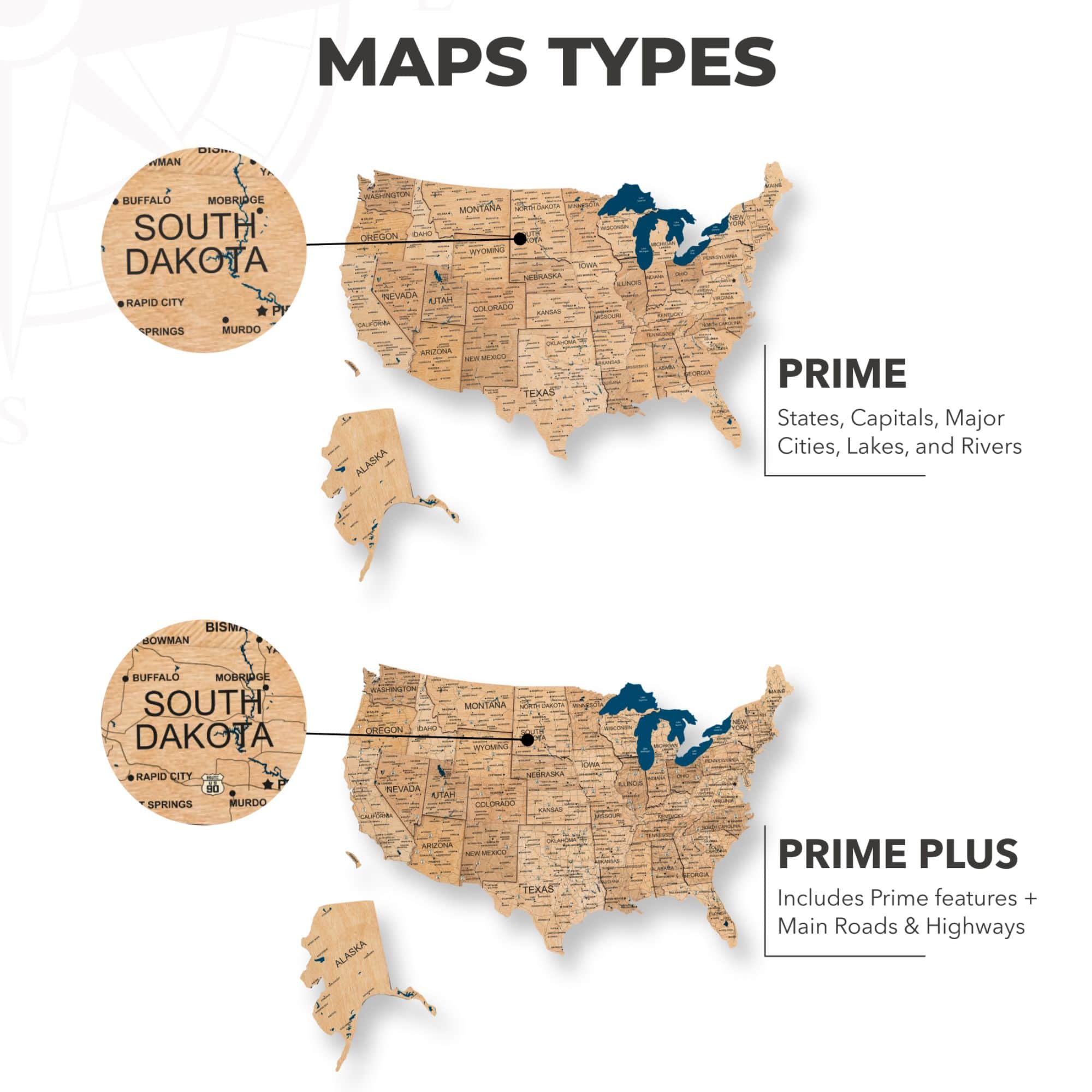 Wooden 3d LED Map of USA - Gold types