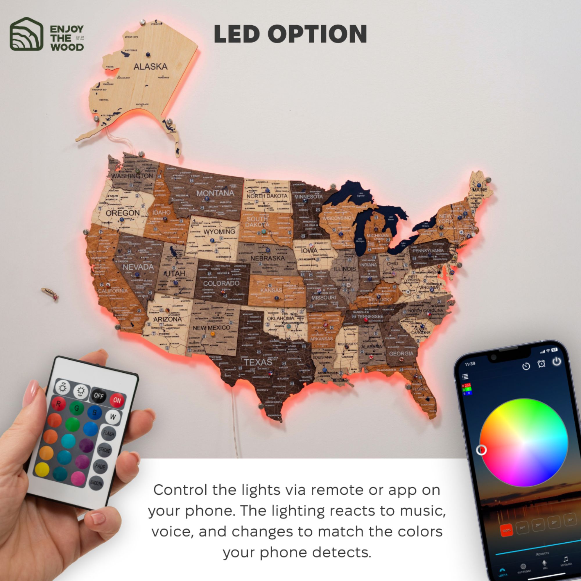Wooden 3D LED Map of USA - Multicolor app
