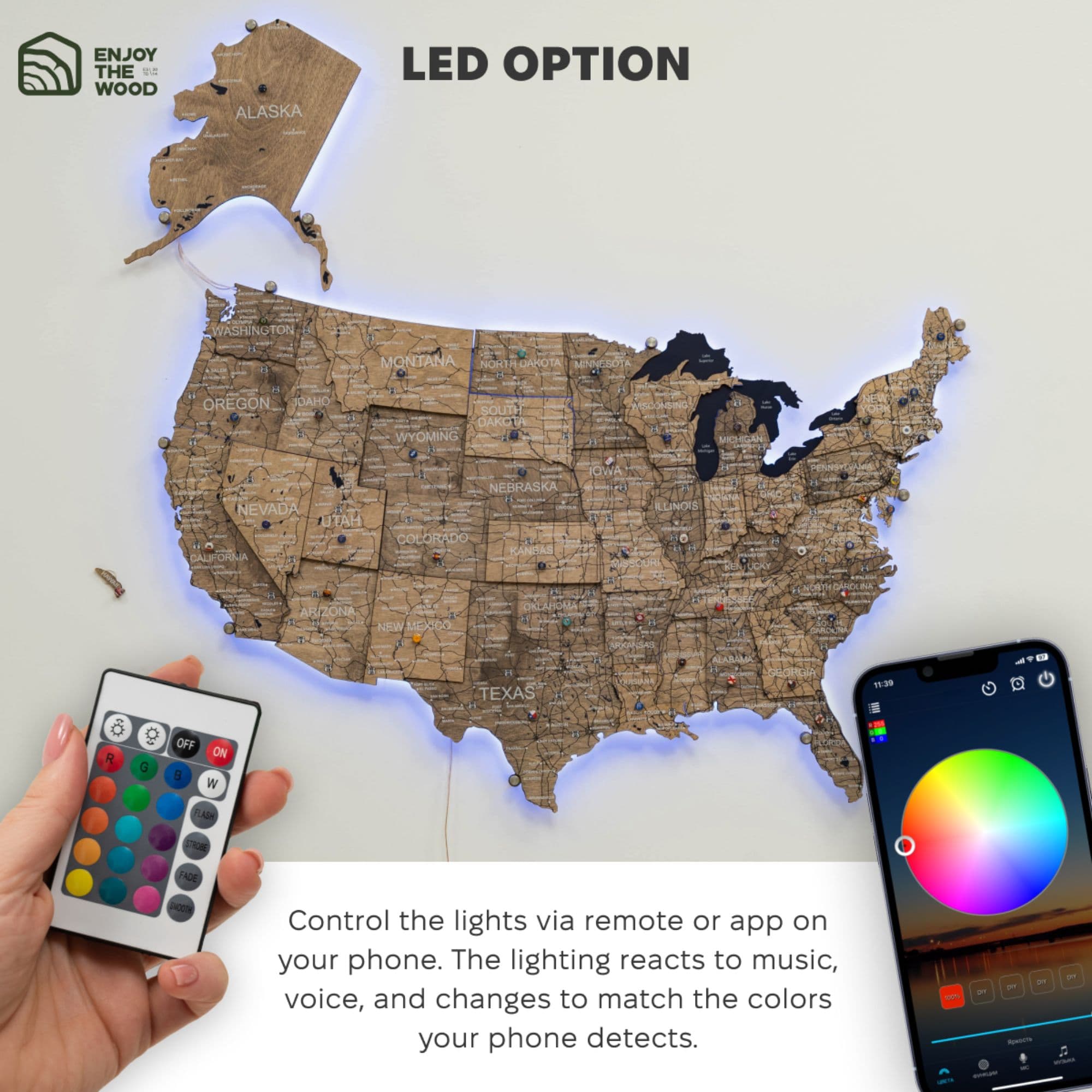 Wooden 3D LED Map of USA - Terra app