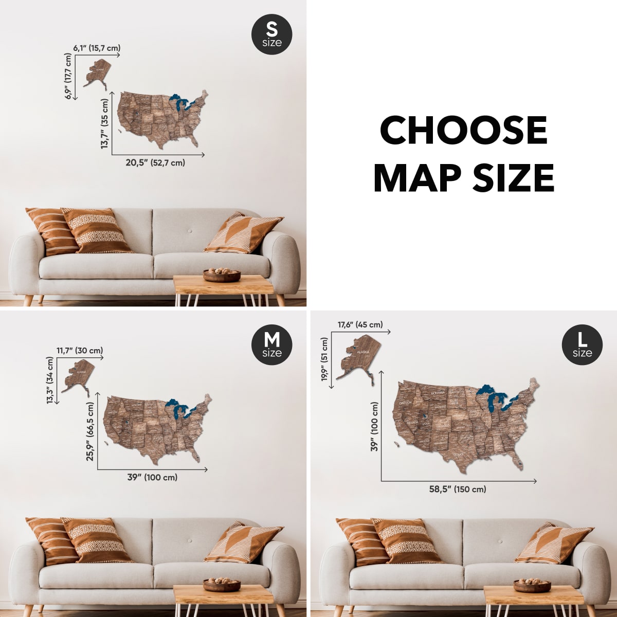 Wooden 3d Map of USA - Dark Walnut size