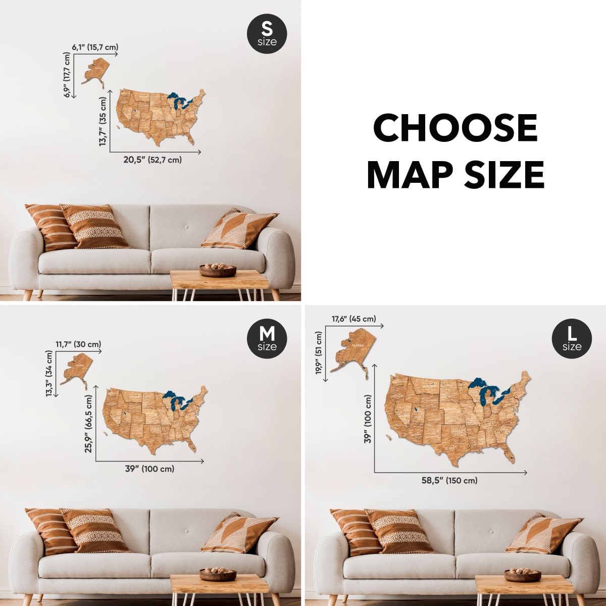 Wooden 3D Map of USA - Oak size