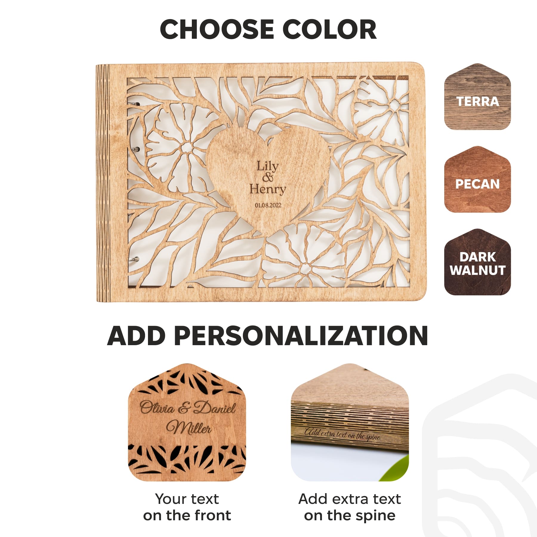 Wooden decorative item with cut-out heart design and color options displayed.