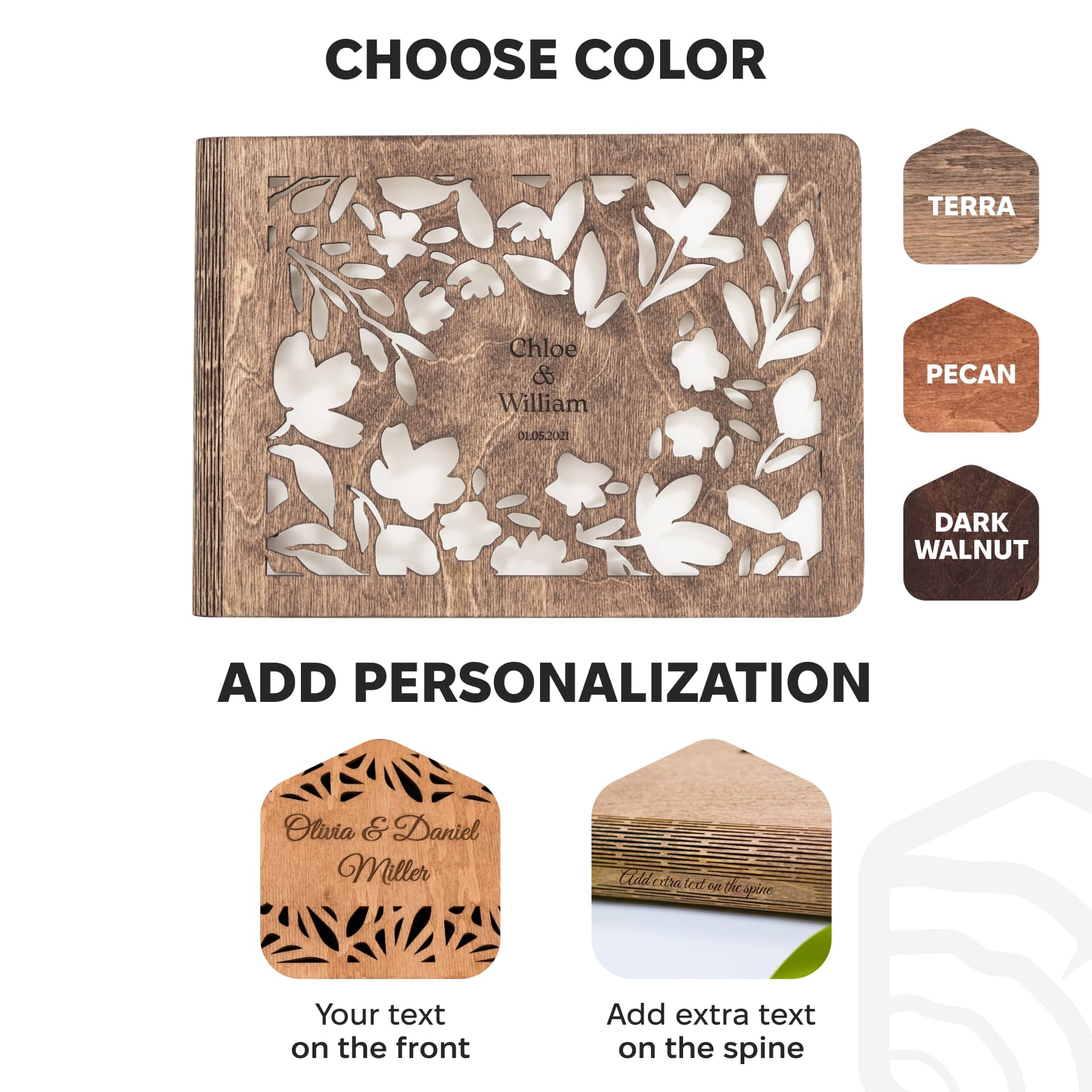 Wooden product with floral design and text customization options on a white background