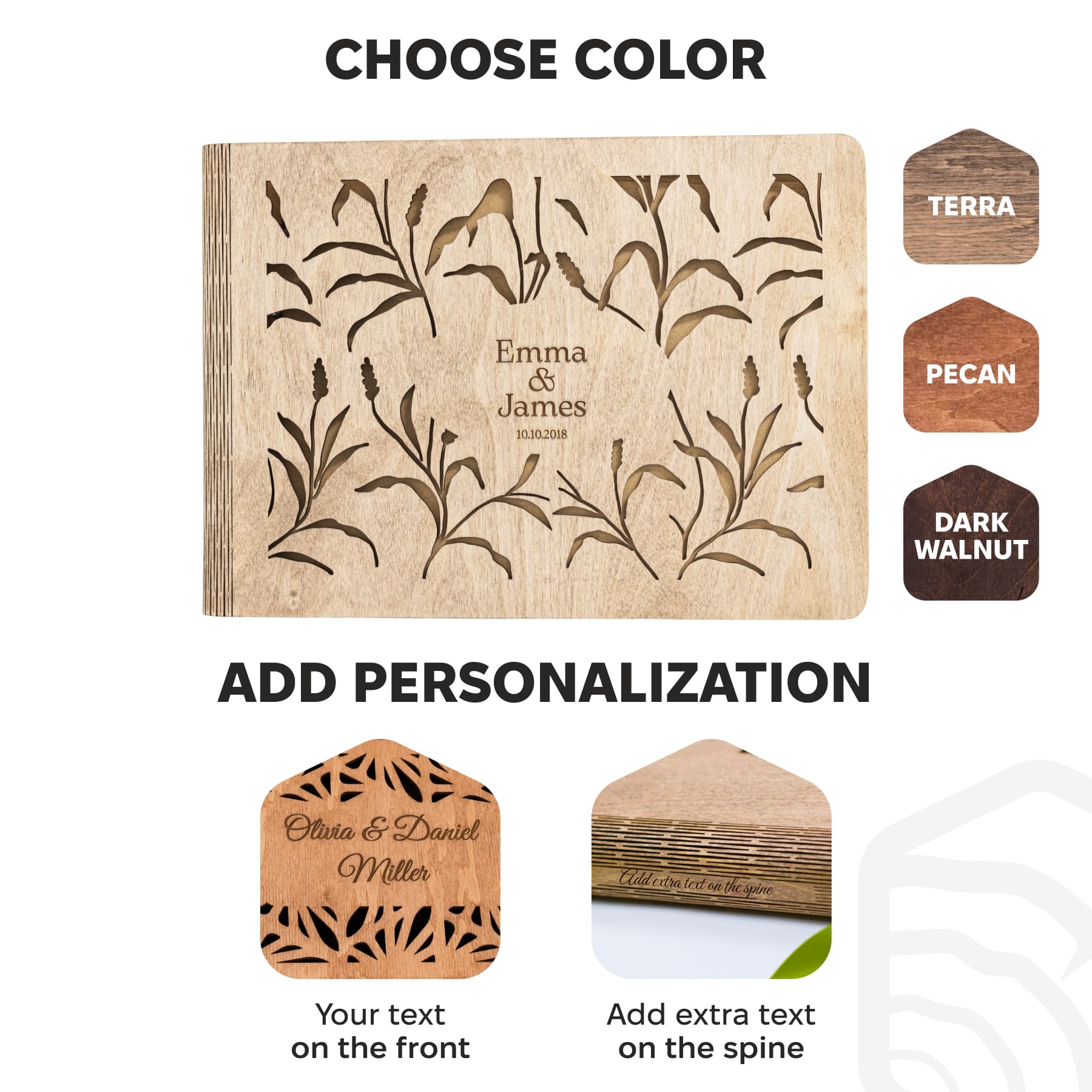 Wooden product with floral design and text customization options on a white background