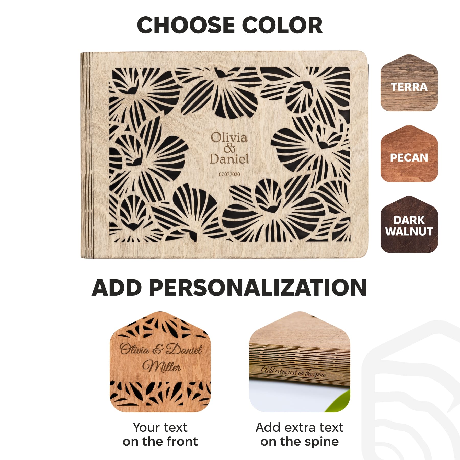 Wooden product with laser cut design and text customization options on a white background.