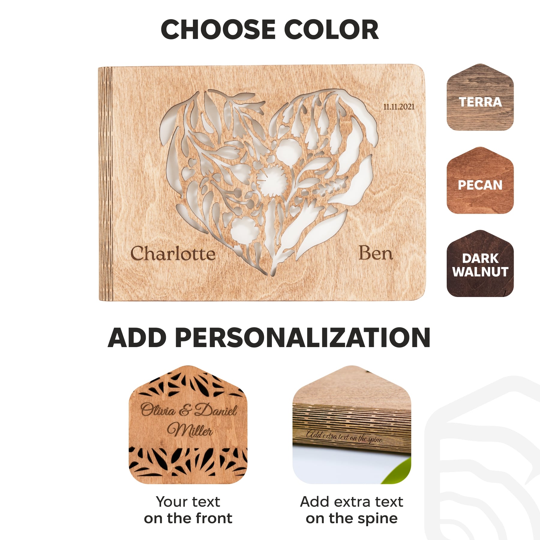 Wooden product with laser-cut design and text customization options on a white background.