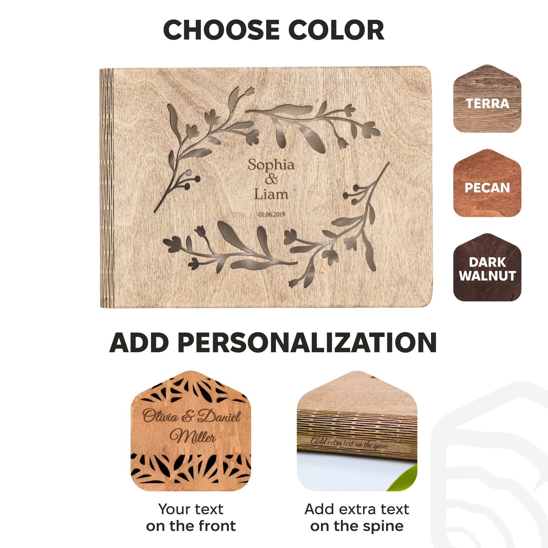 Personalized wooden product with customizable color options and text addition features.