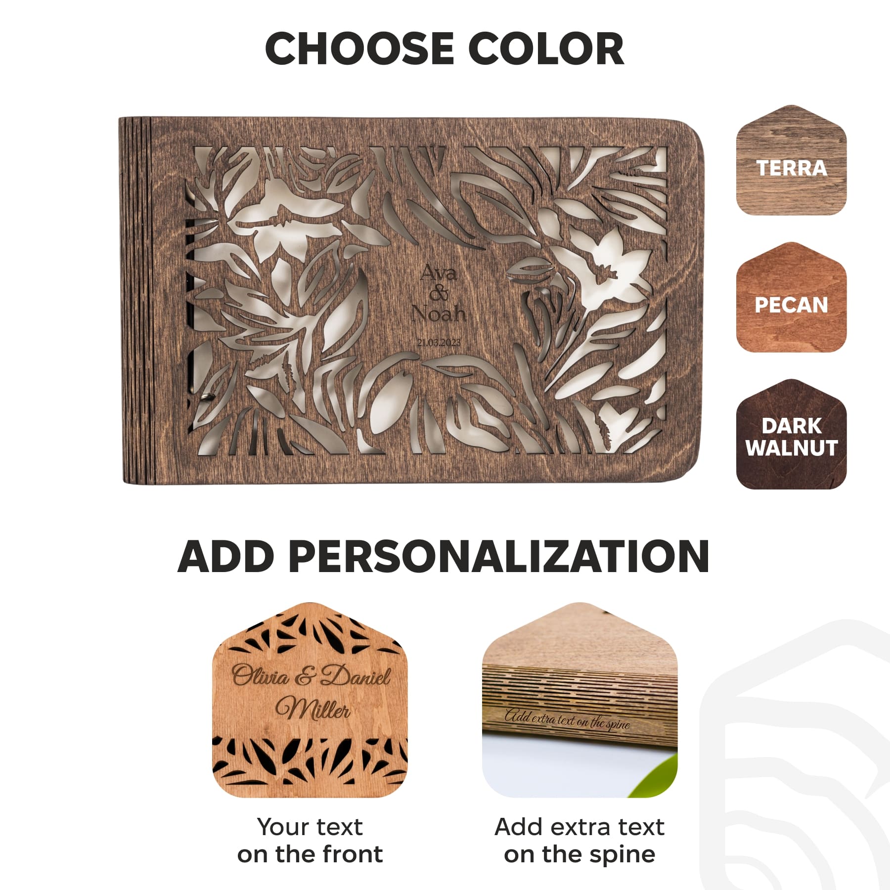 Wooden product with laser-cut design and text customization options on a white background.