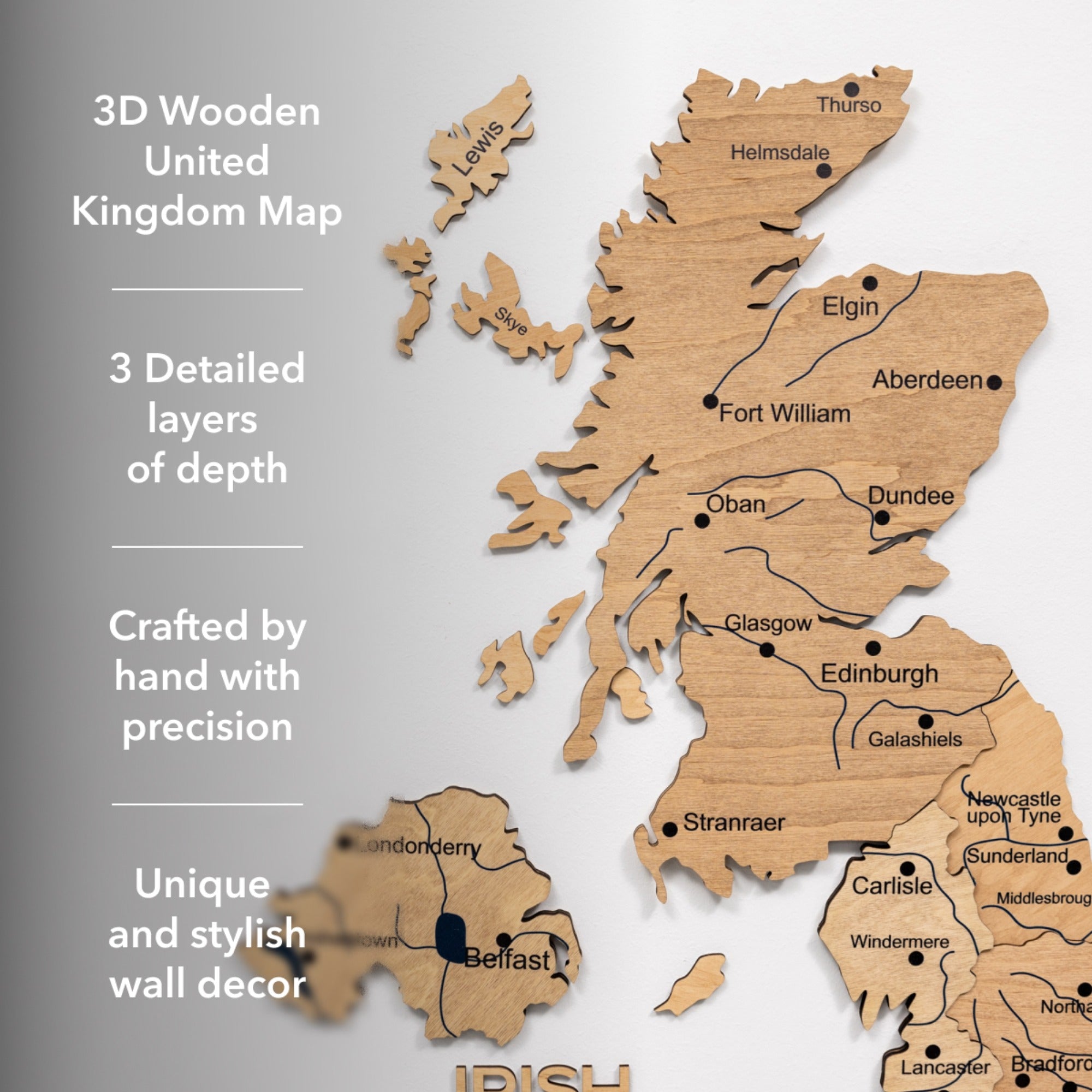 3D Wooden Map of the United Kingdom - Gold