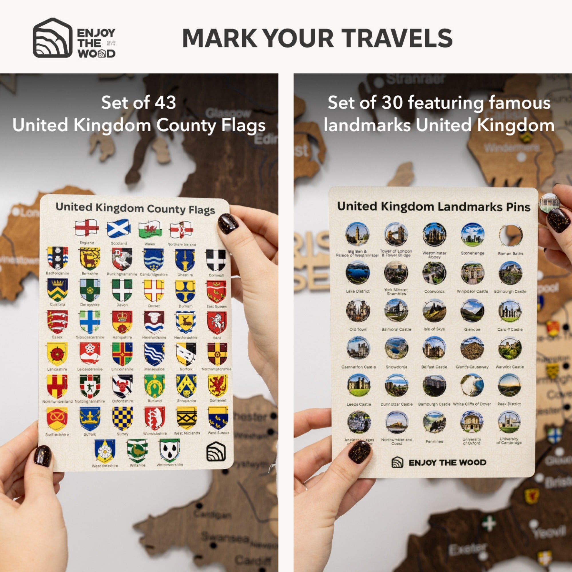 Two sets of pins for marking travels: United Kingdom County Flags and United Kingdom Landmarks, held against a map background.