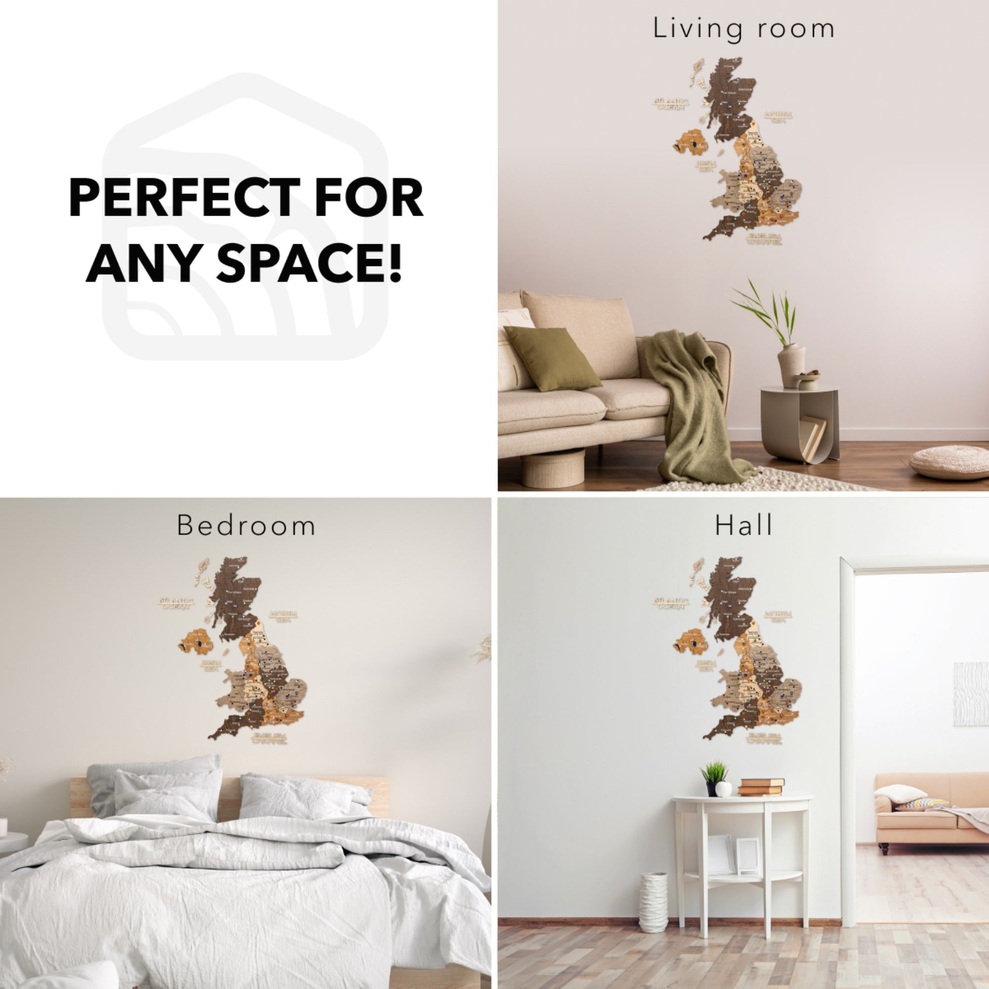 Collage of a map wall decal in different rooms with text 'Perfect for any space!'.