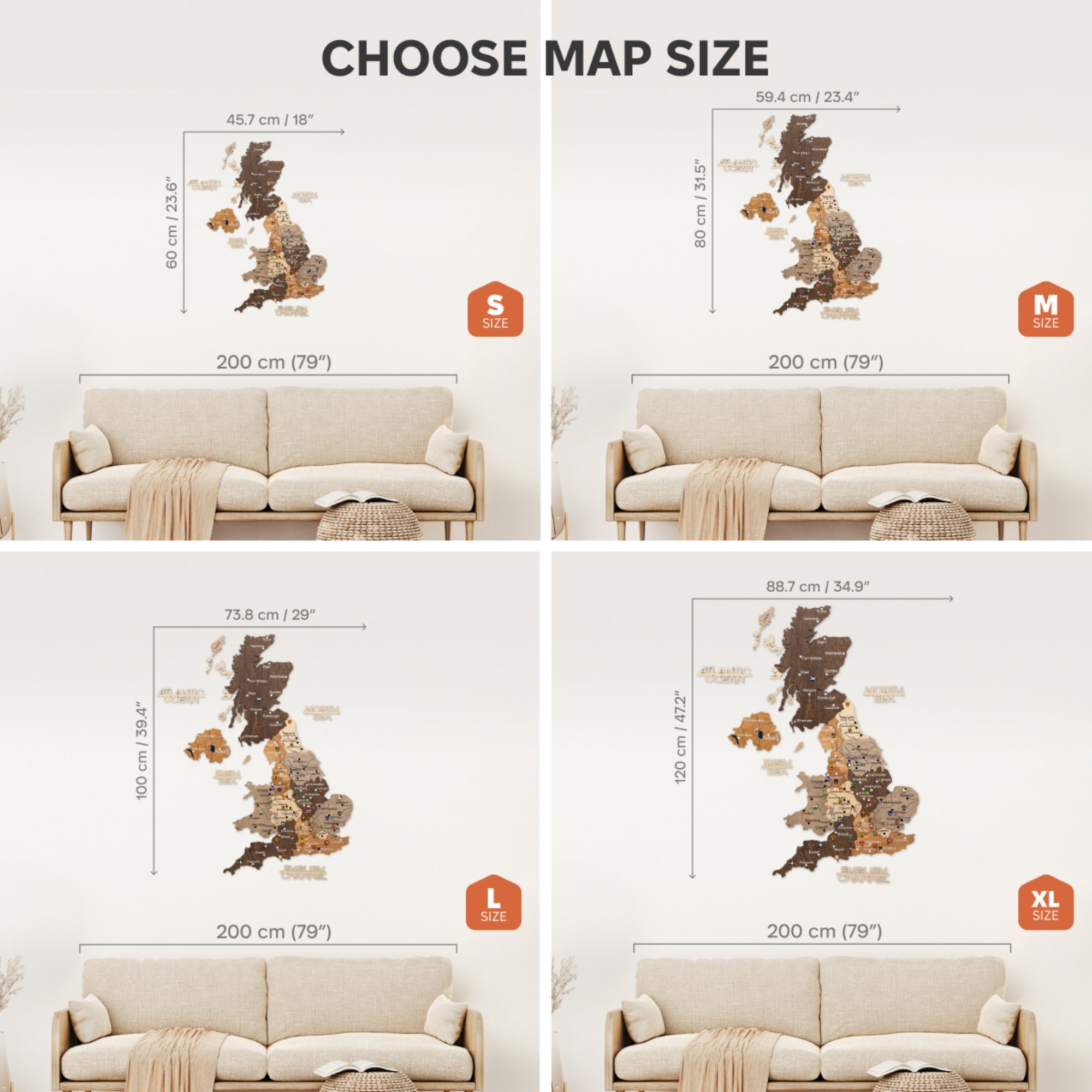 Four size options of a wall map displayed next to a sofa for scale.