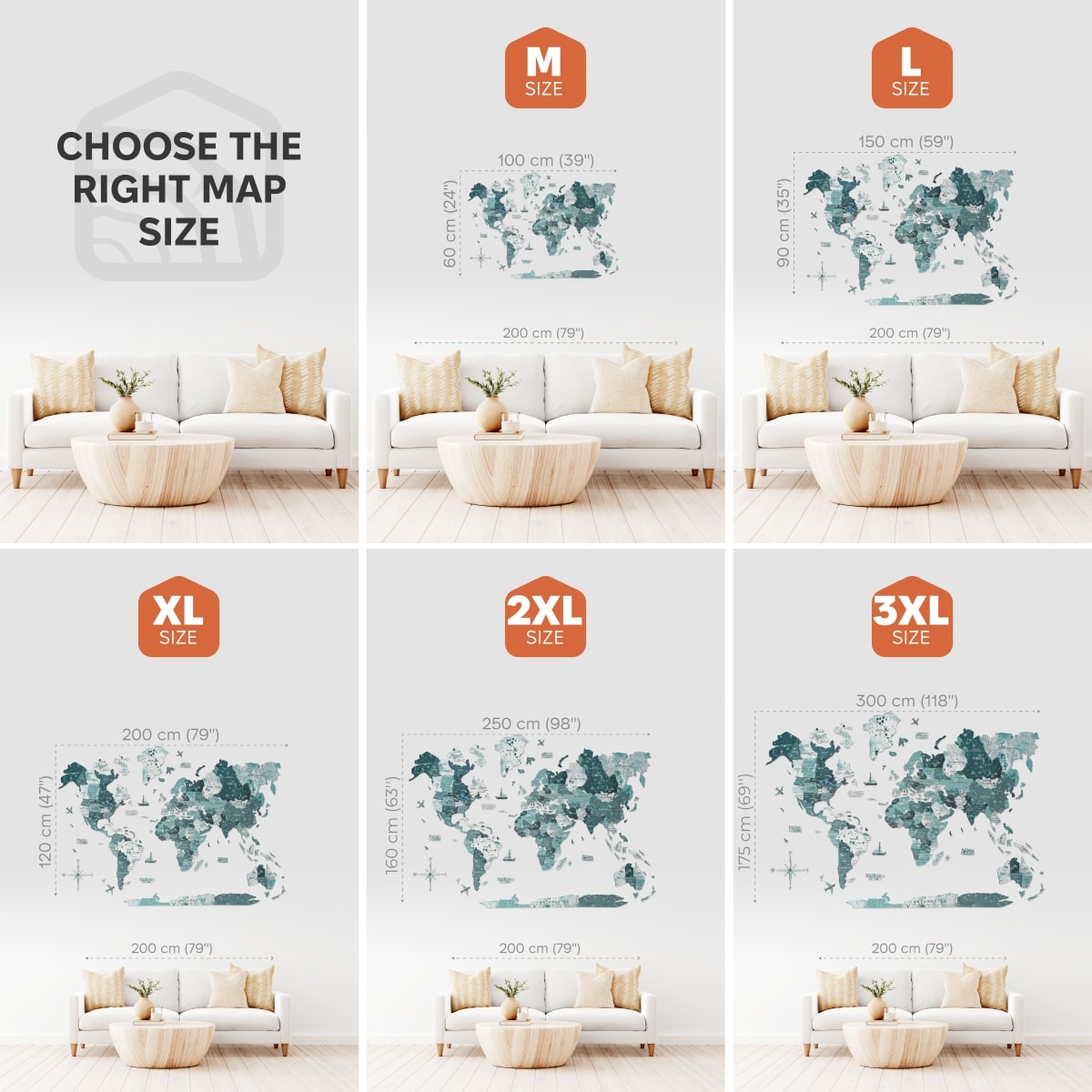 Comparison of world map sizes on a wall with a sofa and coffee table.