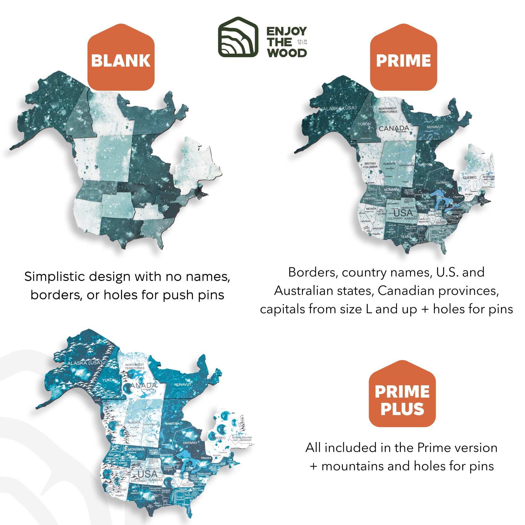 Comparison of different map versions with 'Enjoy the Wood' branding