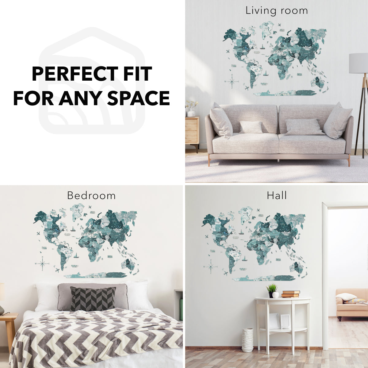 World map wall decal in various rooms with text 'Perfect Fit for Any Space'.