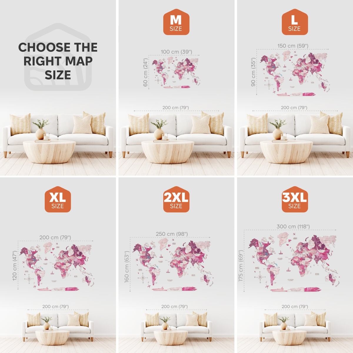 Size chart for world map wall art with different dimensions shown in a living room setting.