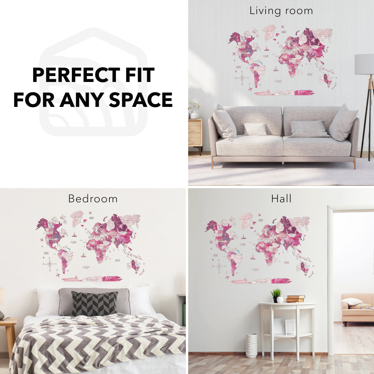 World map wall decal in various rooms with text 'Perfect Fit for Any Space'.