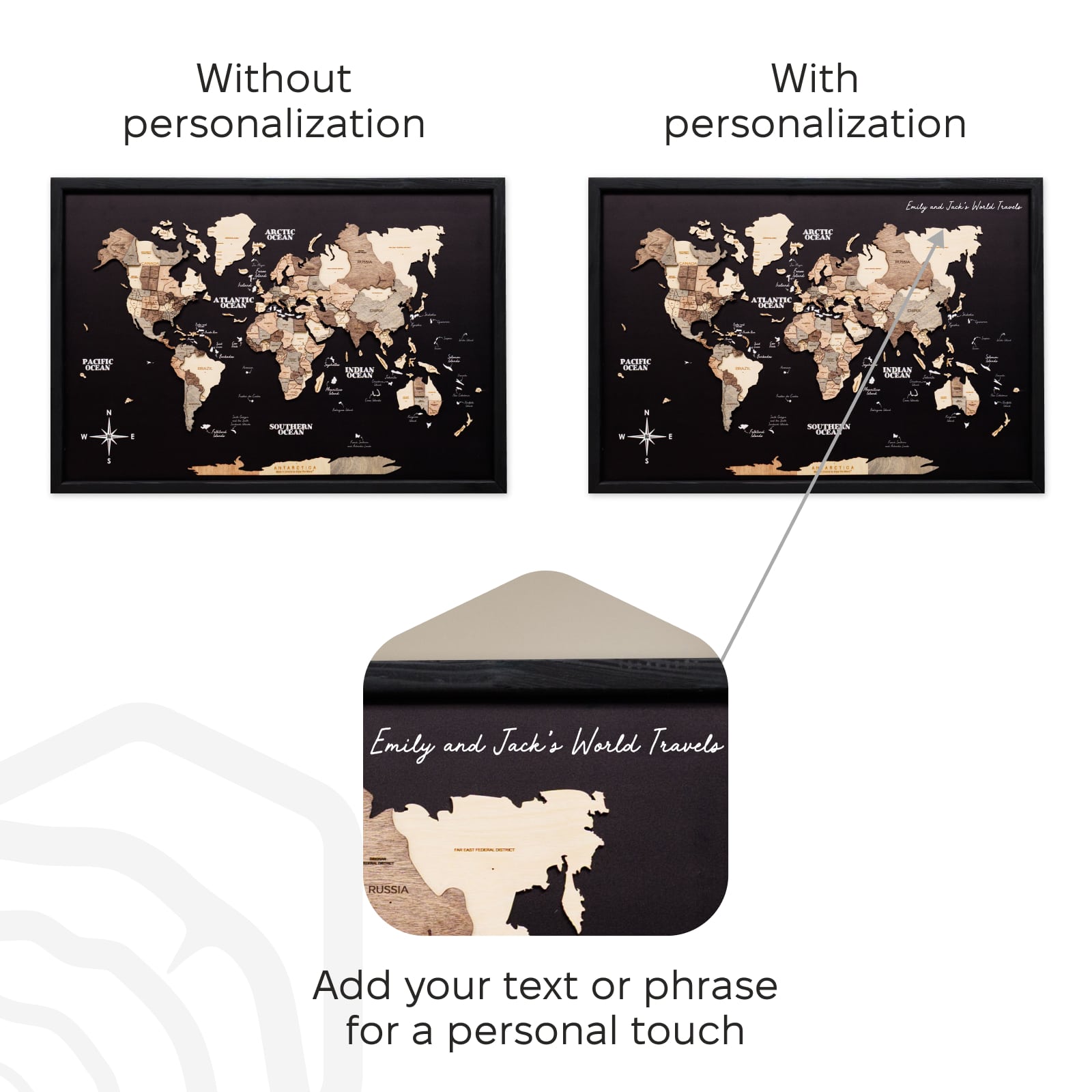 World map poster with and without personalization text, showing customization option.