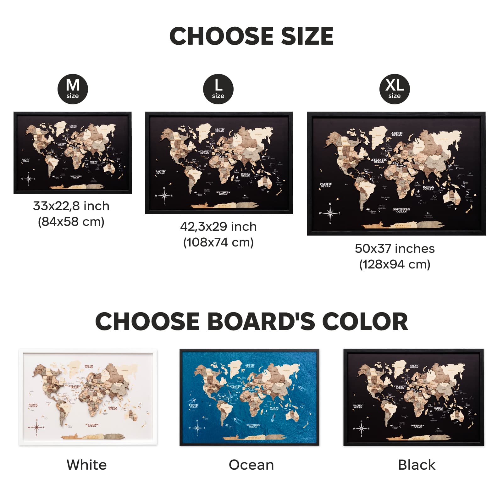 World map with size and color options displayed.