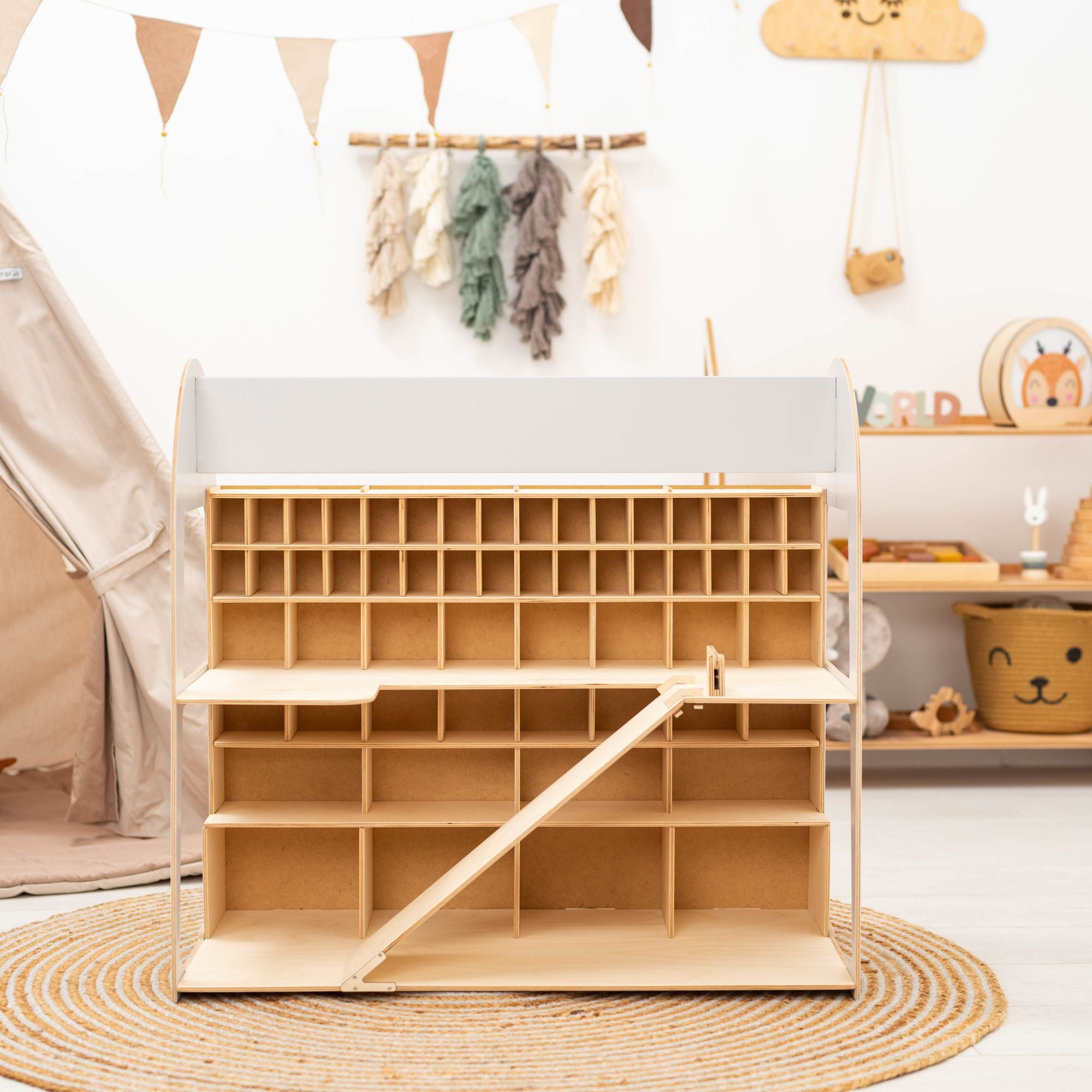 Montessori wooden parking shelf for toy vehicles