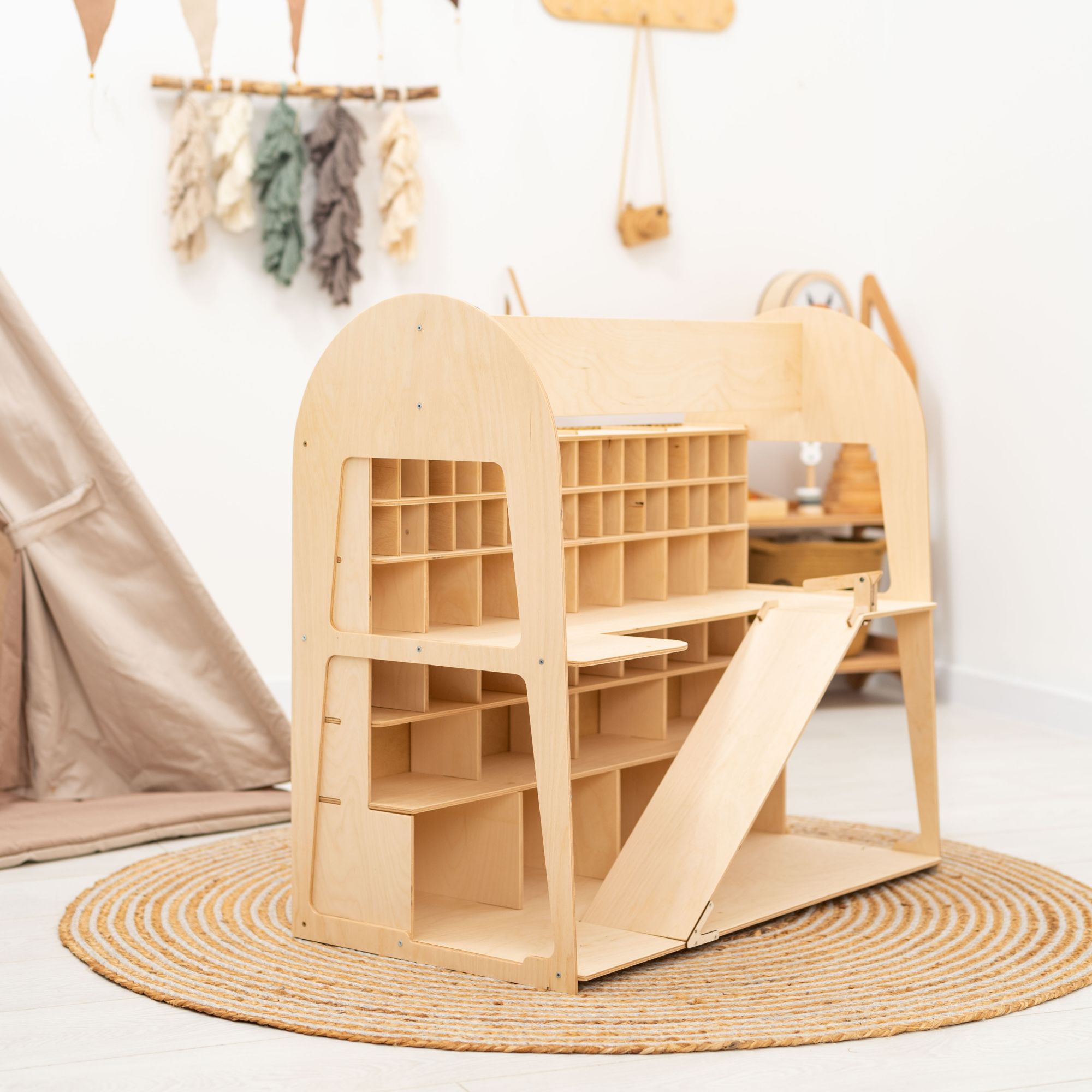 Natural wood toy car garage for kids room