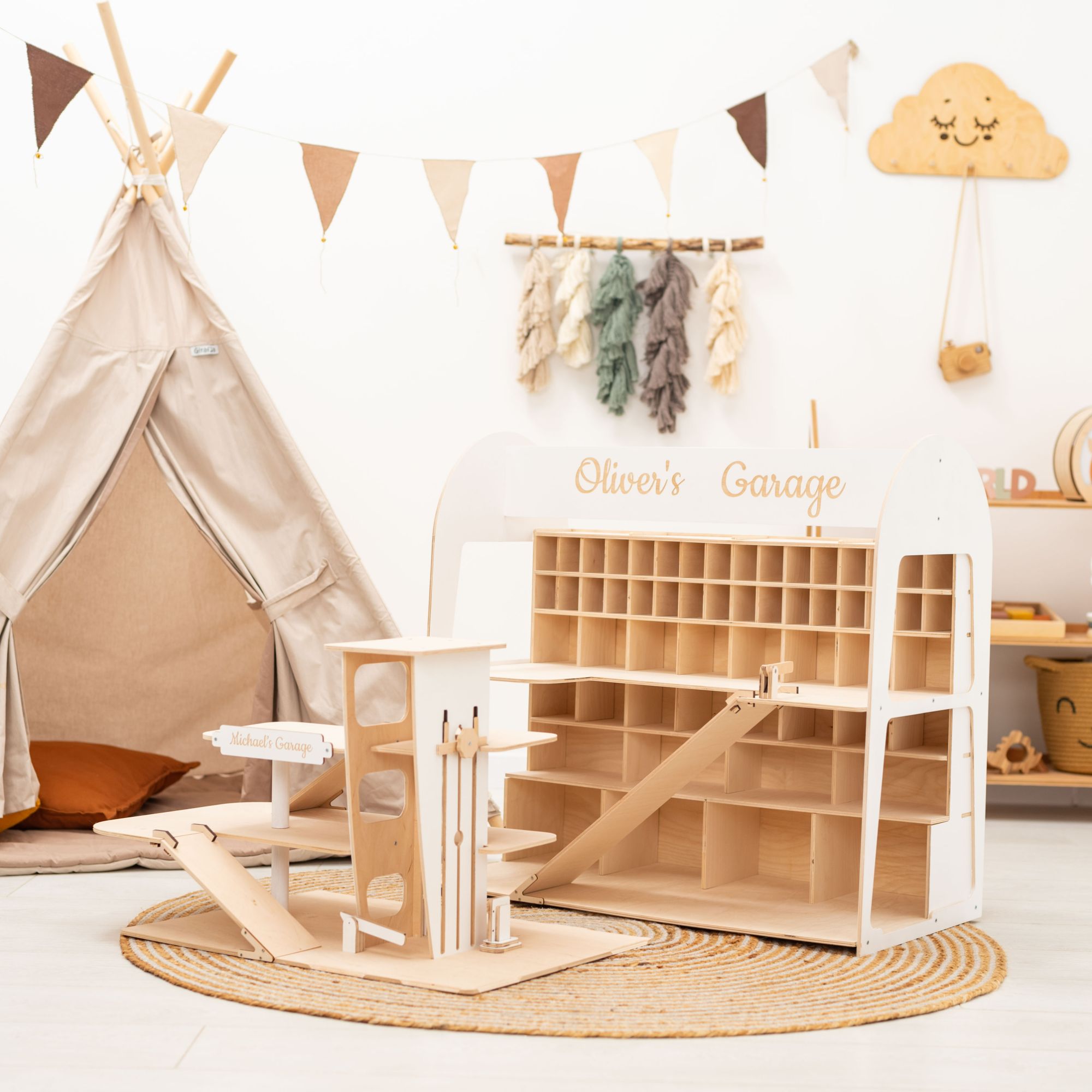 Natural wood toy garage with personalization and colors
