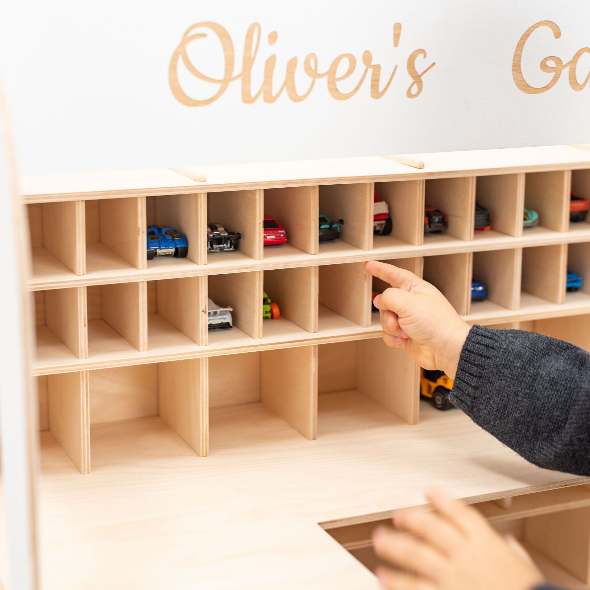 Big wooden parking garage organizer for toy cars