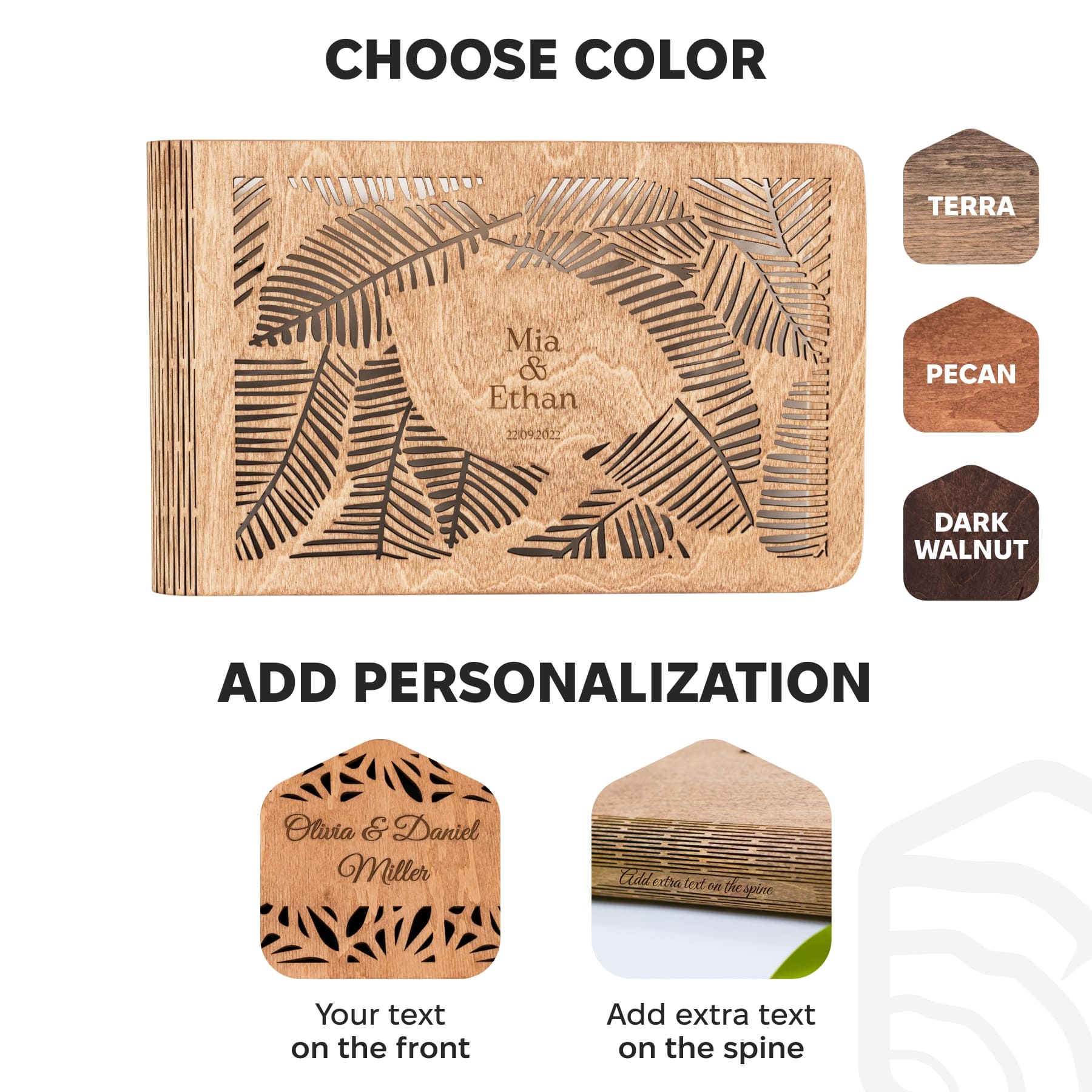 Wooden cutting board with engraved design and text options on a white background