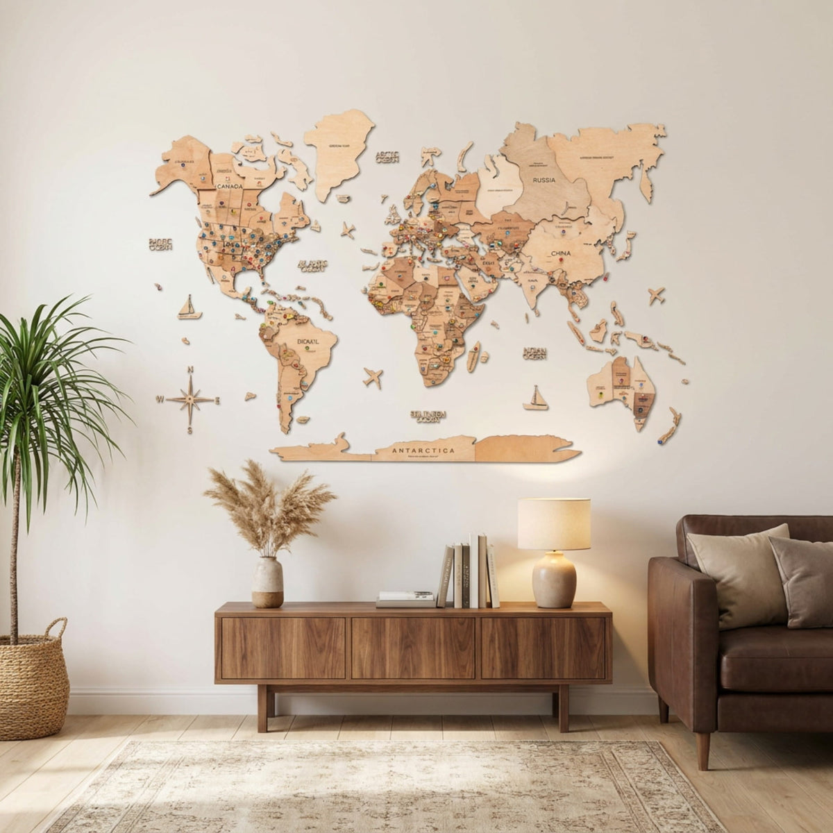 Carte du monde 3D en bois doré